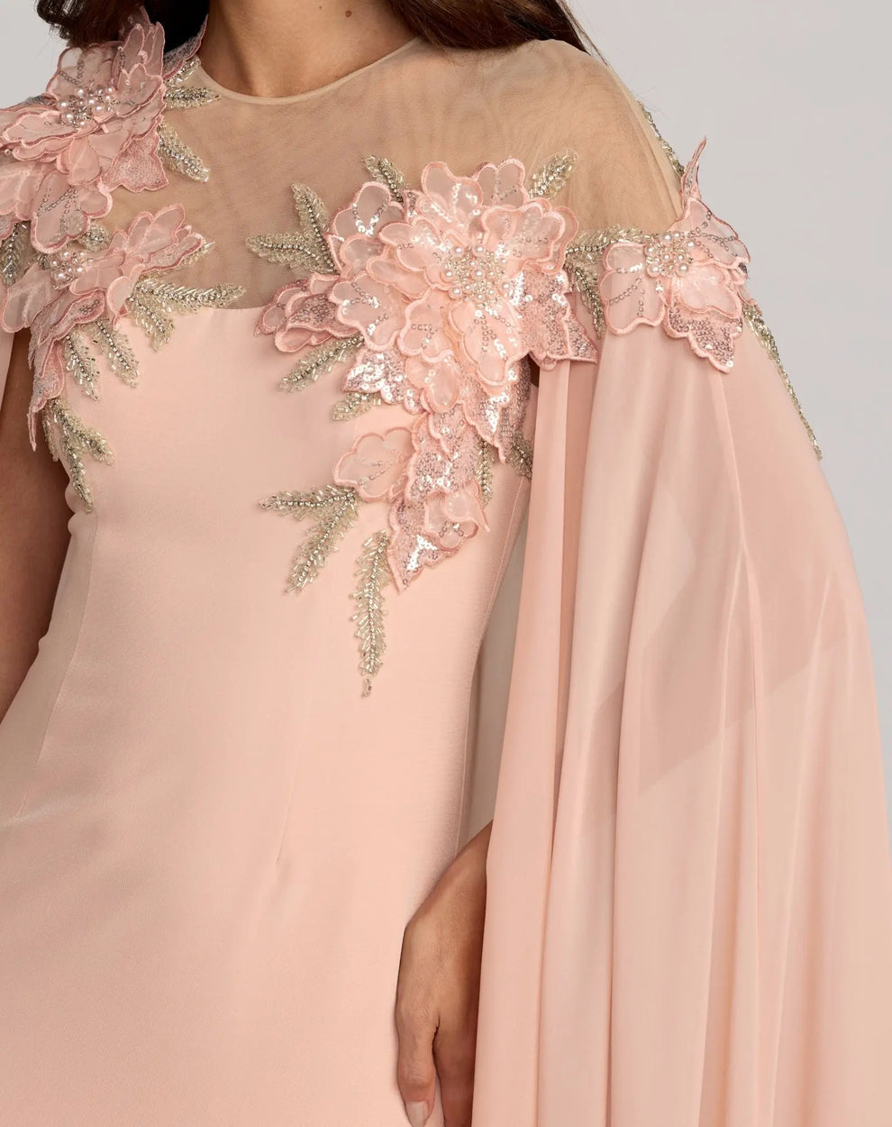 Blush Illusion Floor-Length Chiffon Formal Gown with 3D Floral Cape Sleeves Mac Duggal 11942