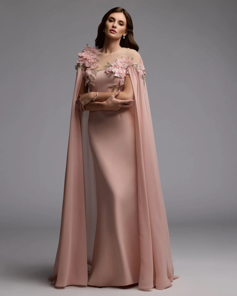 Blush Illusion Floor-Length Chiffon Formal Gown with 3D Floral Cape Sleeves Mac Duggal 11942