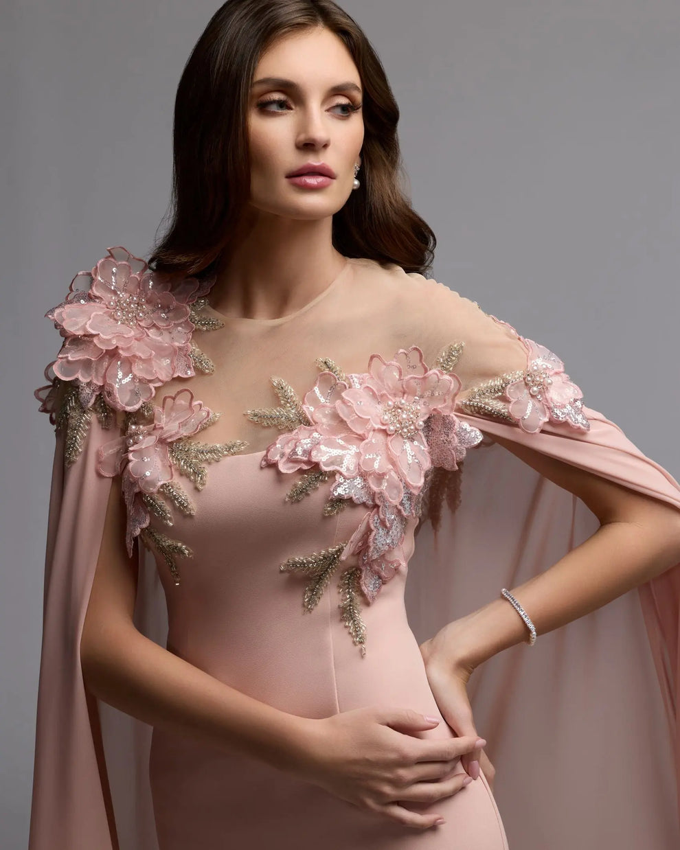 Blush Illusion Floor-Length Chiffon Formal Gown with 3D Floral Cape Sleeves Mac Duggal 11942