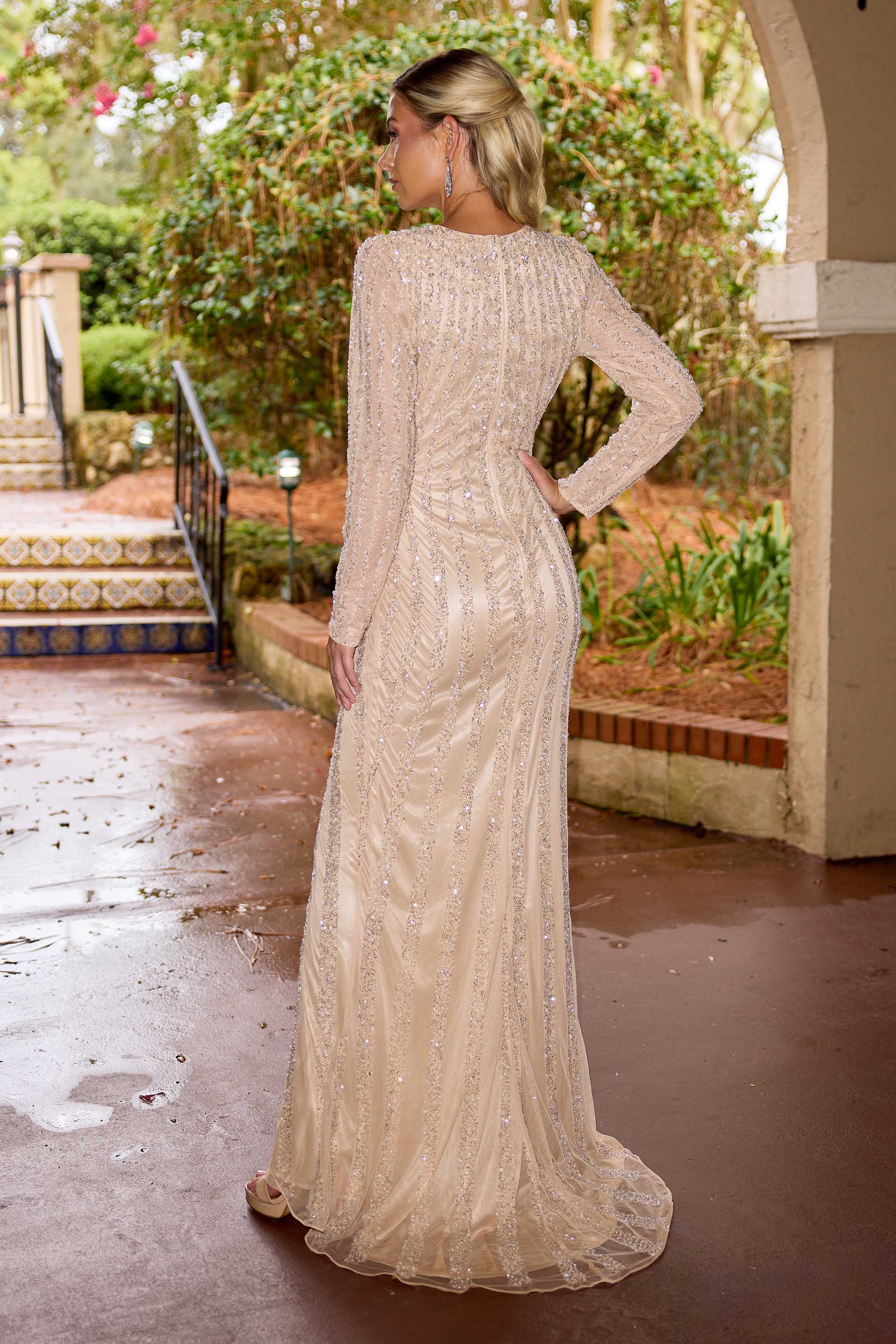 Mother of the Bride Dresses Long Formal Beaded Mother of the Bride Dress Primavera Couture 12209 Nude Silver