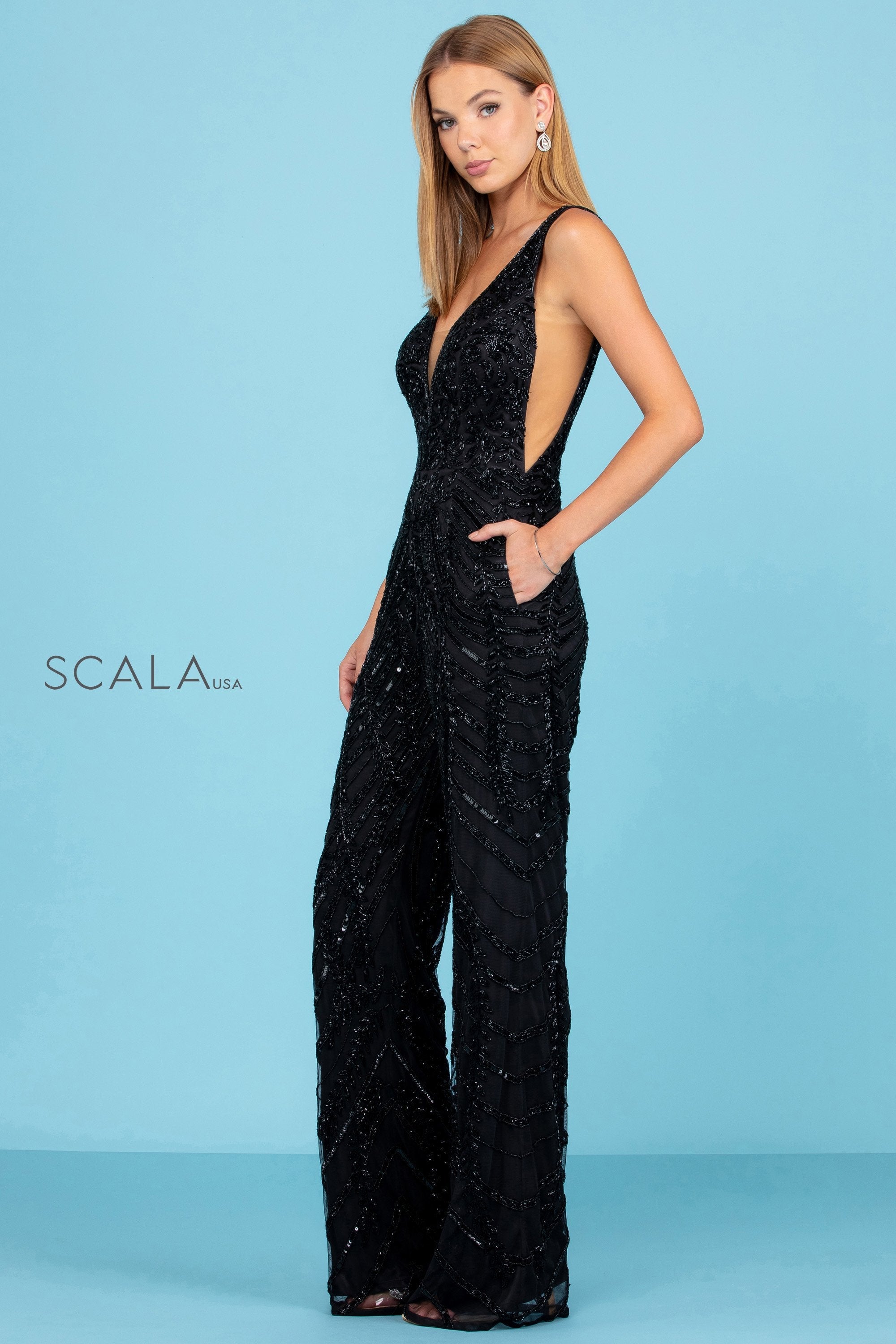 Jumpsuit Long Formal Beaded Pocket Jumpsuit Black