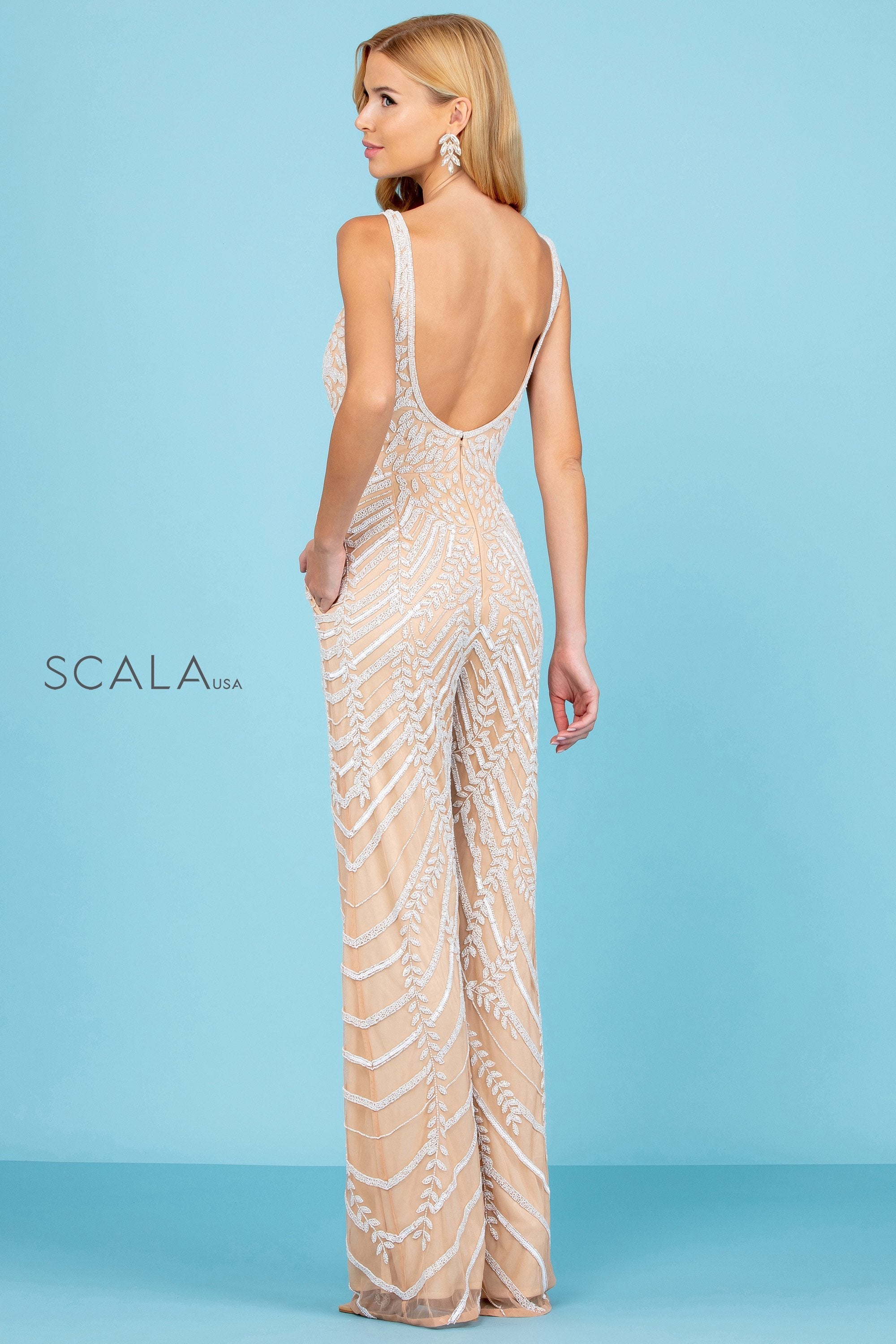 Jumpsuit Long Formal Beaded Pocket Jumpsuit Ivory/Nude