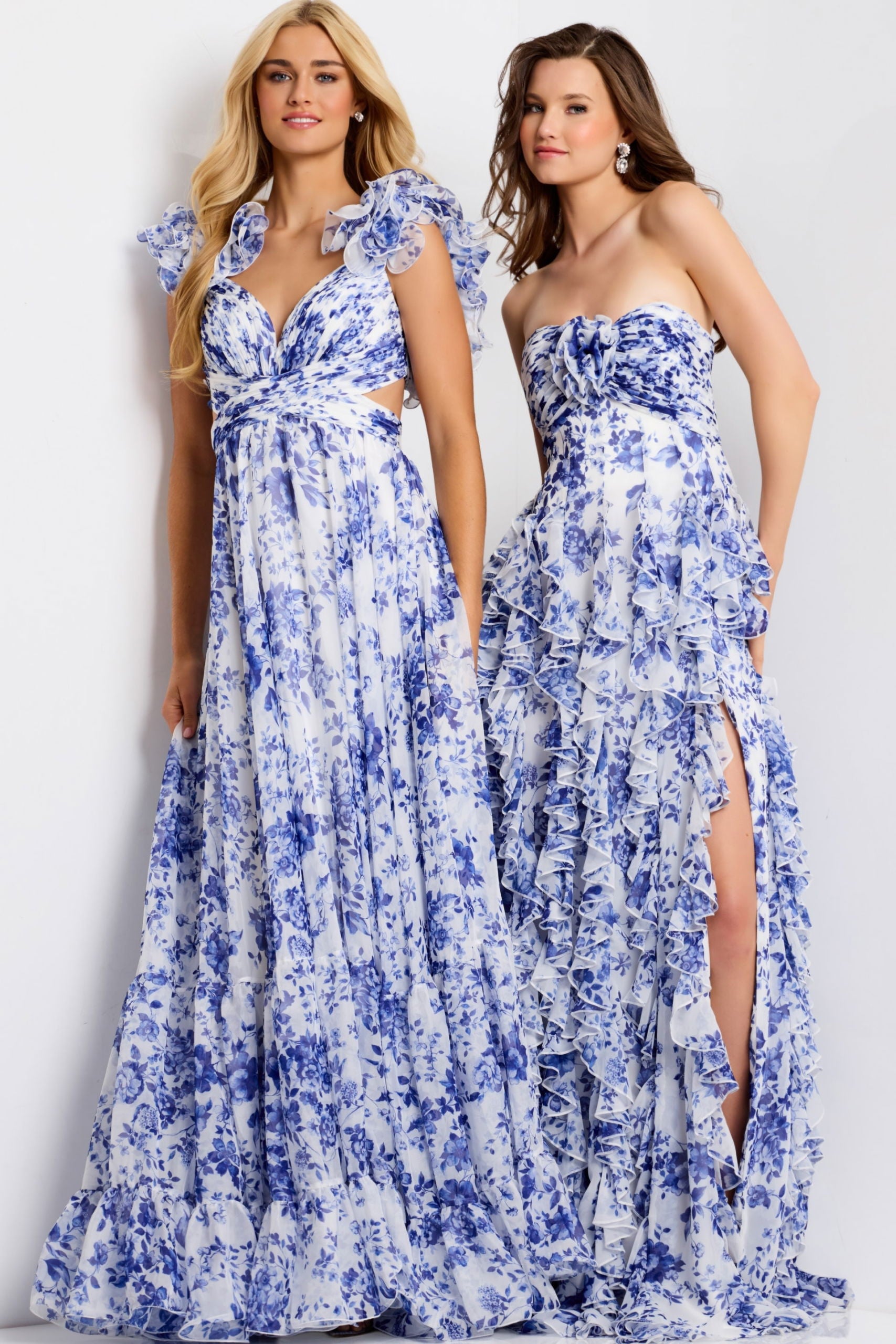 Prom Dresses A Line Long Formal Ruffle Prom Dress White/Blue