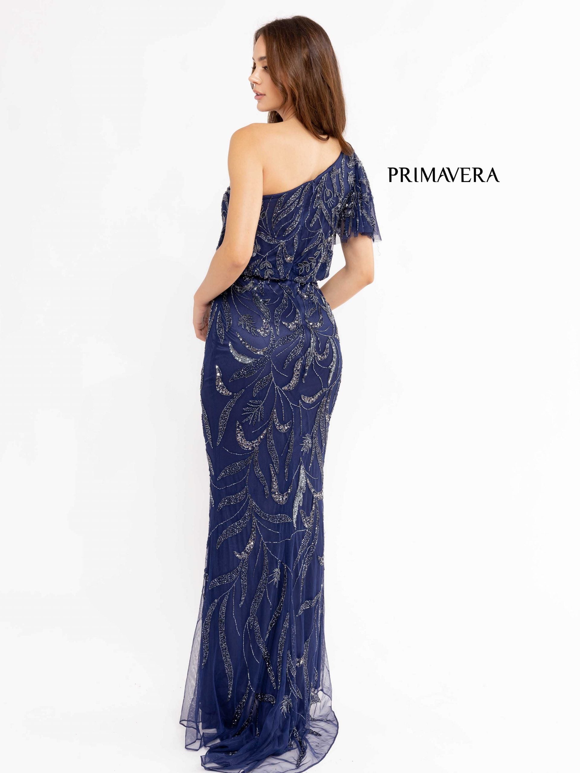 One-Shoulder Floor-Length Mesh Formal Evening Sheath Gown by Primavera Couture PC13106