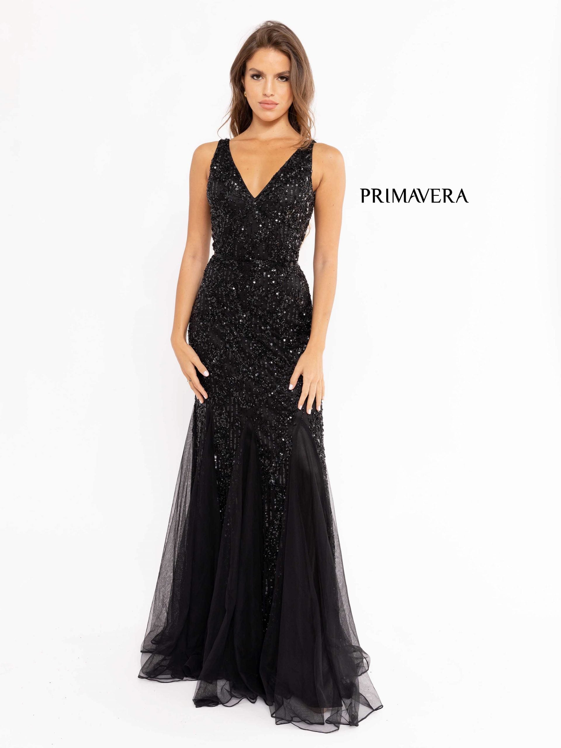 V-Neck Floor-Length Beaded Tulle Formal Mermaid Gown - Primavera Couture PC13107