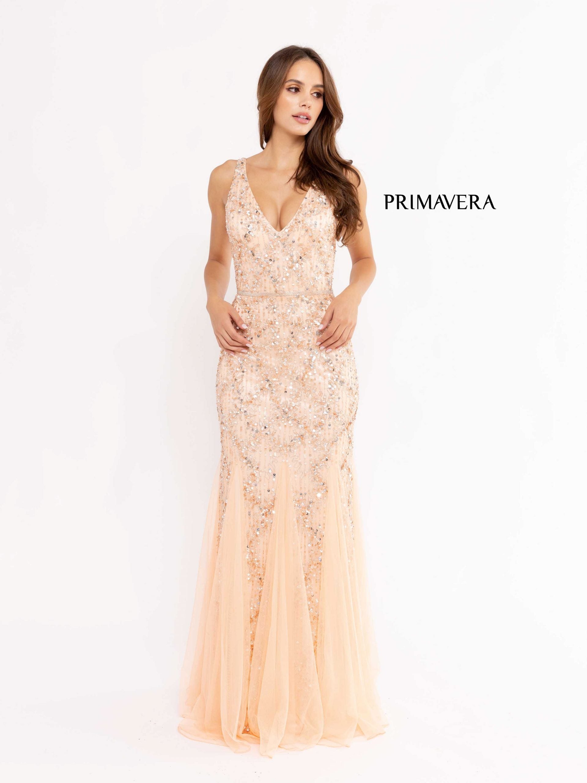 V-Neck Floor-Length Beaded Tulle Formal Mermaid Gown - Primavera Couture PC13107