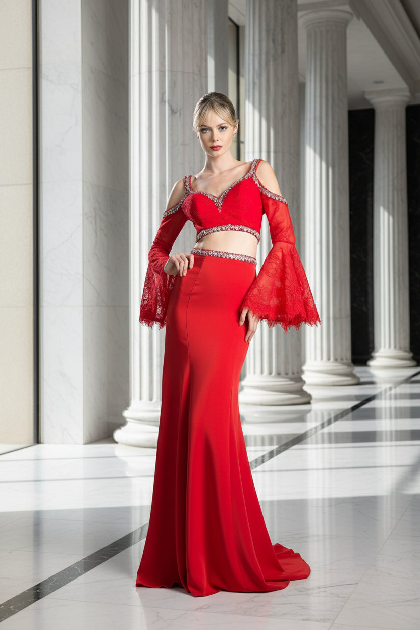 Prom Dresses Long Fitted Two Piece Formal Dress Red