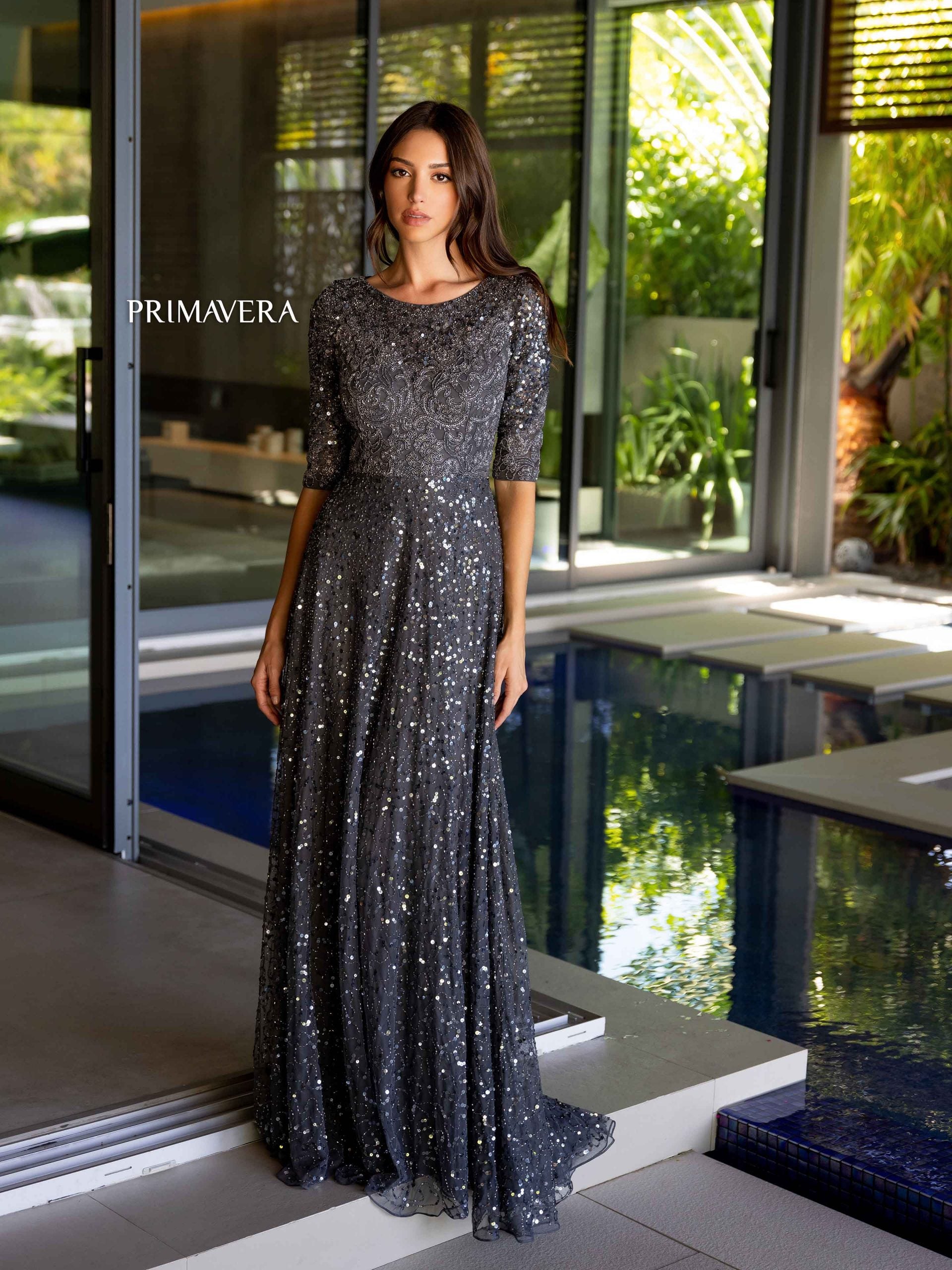 Bateau Floor-Length Sequin Formal A-Line Gown - Primavera Couture PC13115