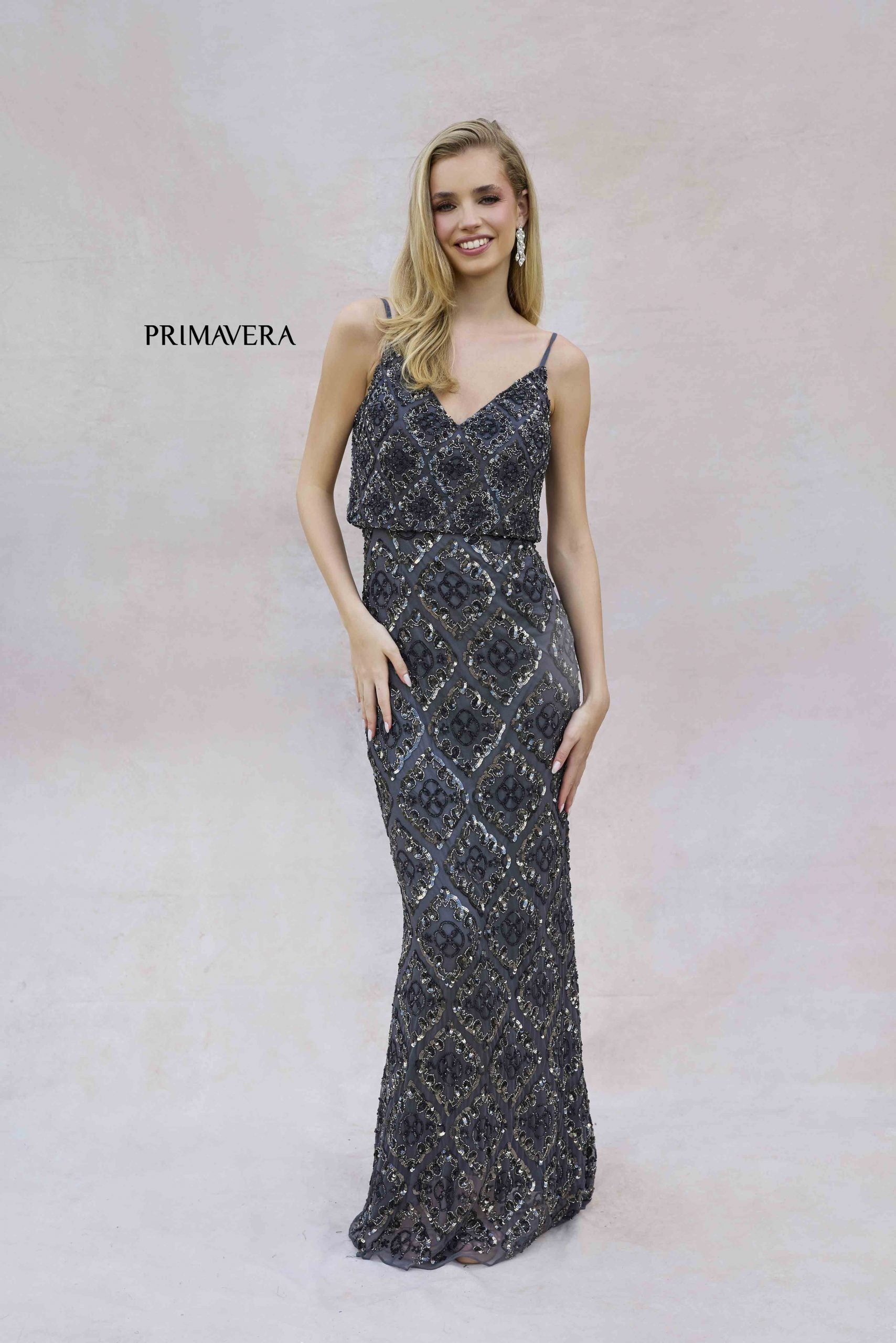 Charcoal V-Neck Floor-Length Sequin Formal Gown Peplum Primavera Couture 13139