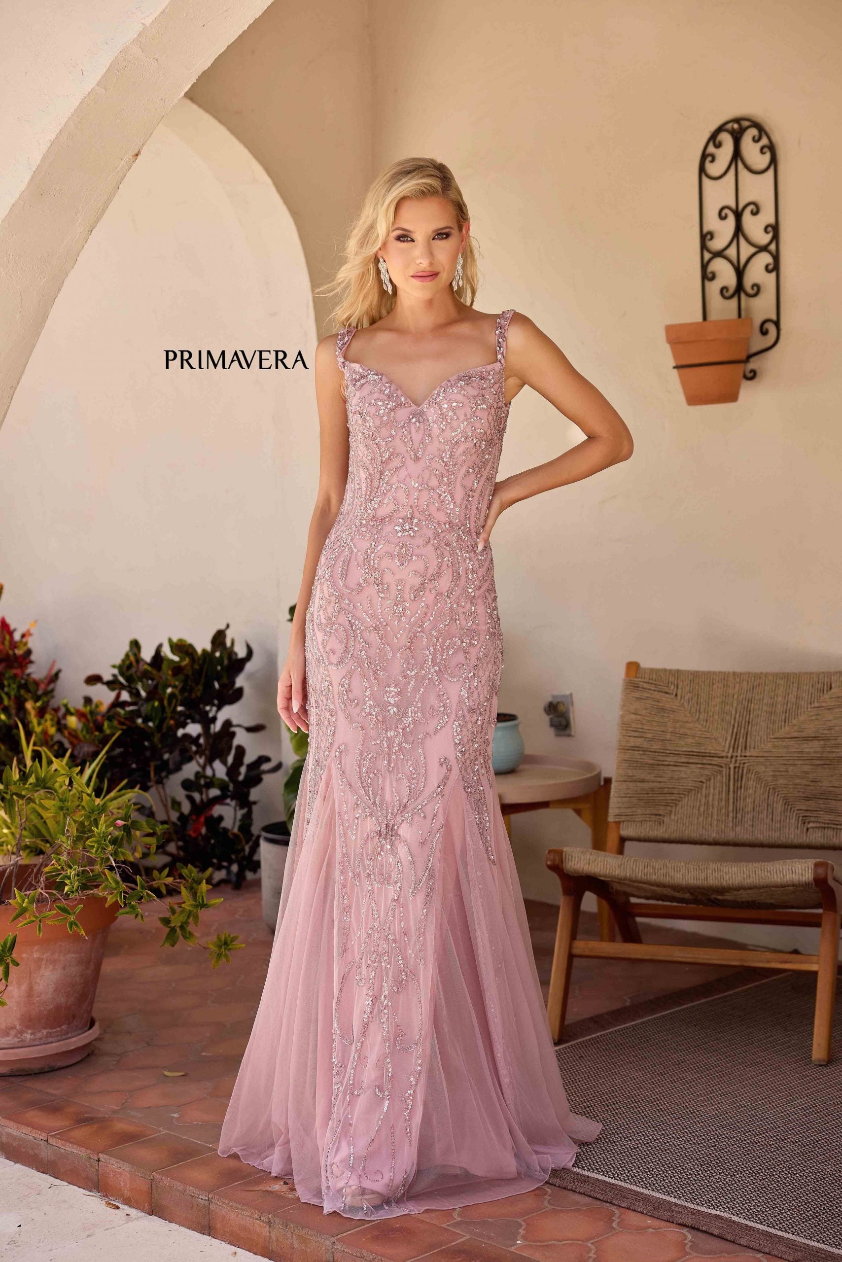 Dusty Rose V-Neck Floor-Length Sequin Mesh Formal Gown Flutter Sleeves Primavera Couture 13143
