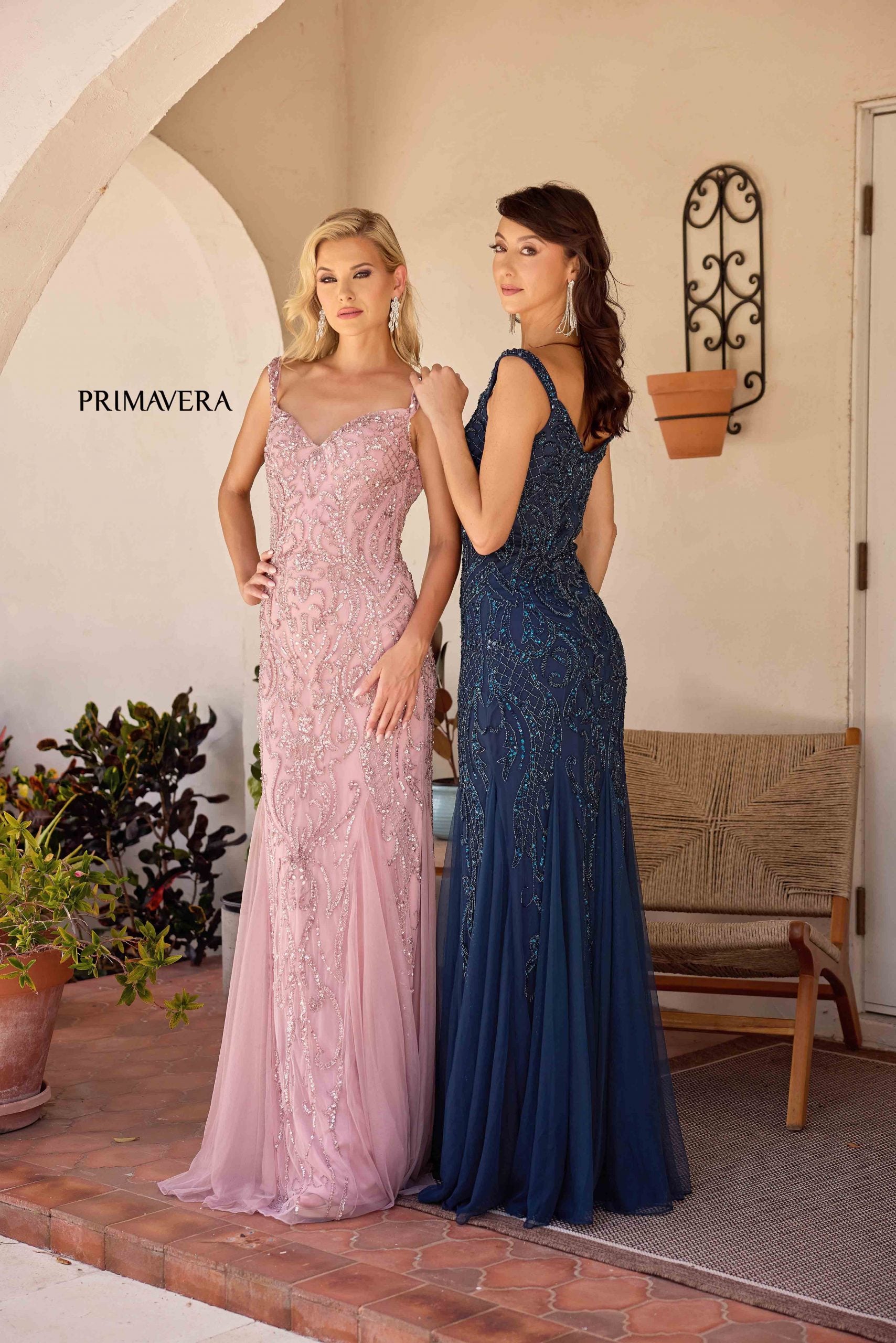 Dusty Rose V-Neck Floor-Length Sequin Mesh Formal Gown Flutter Sleeves Primavera Couture 13143