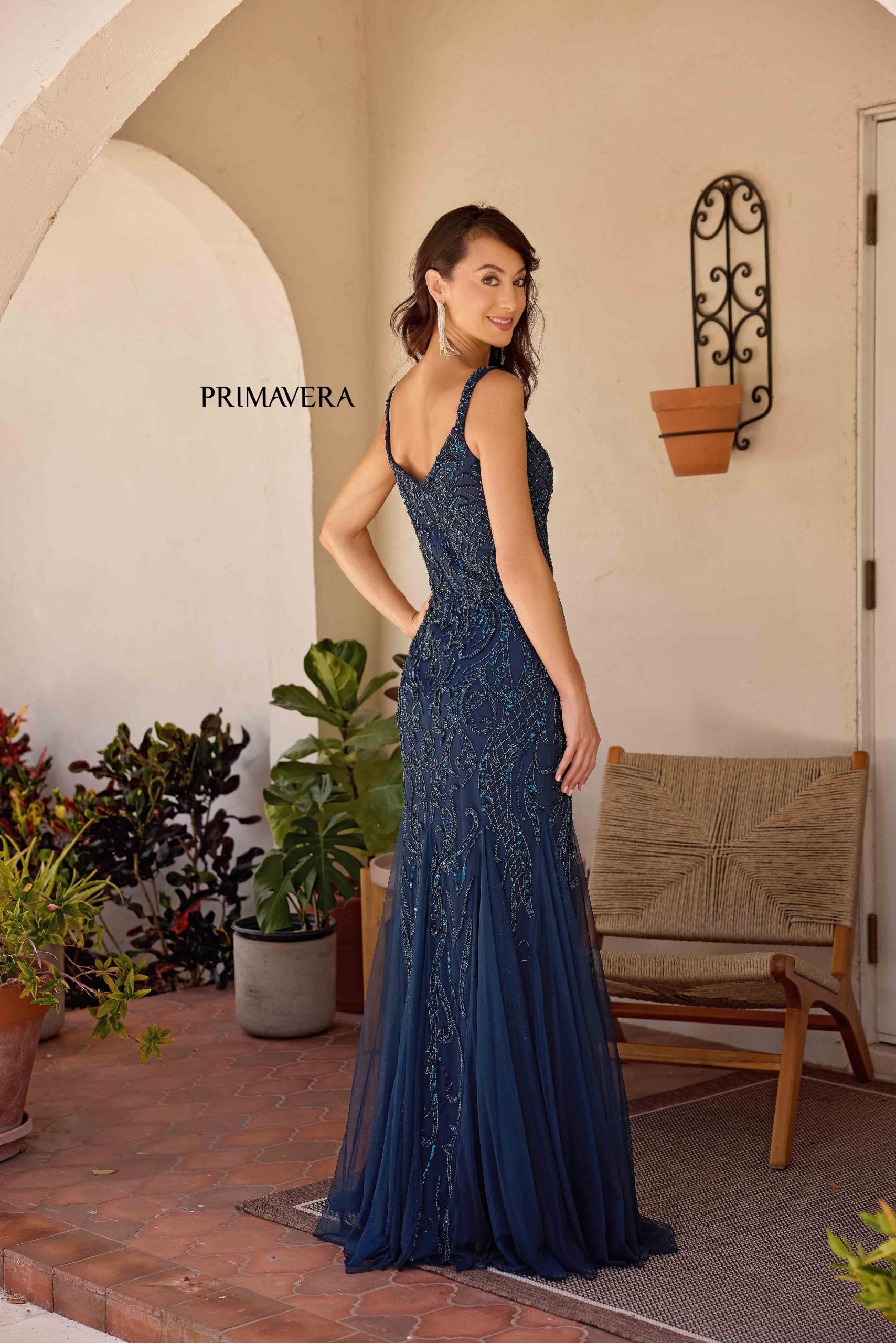Midnight V-Neck Floor-Length Sequin Mesh Formal Gown Flutter Sleeves Primavera Couture 13143