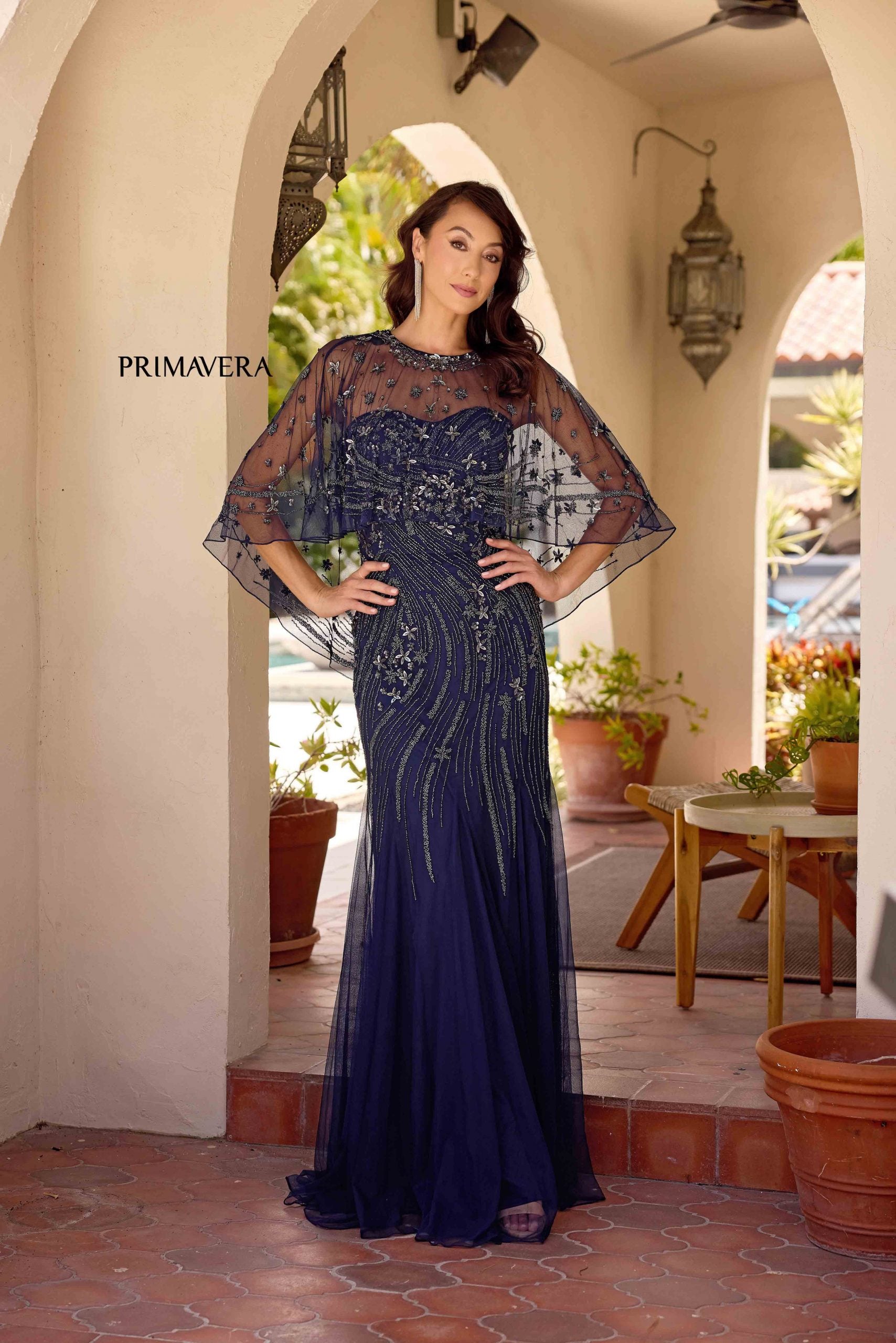 Midnight Illusion Bateau Floor-Length Mesh Formal Cape Sleeve Gown Primavera Couture 13145