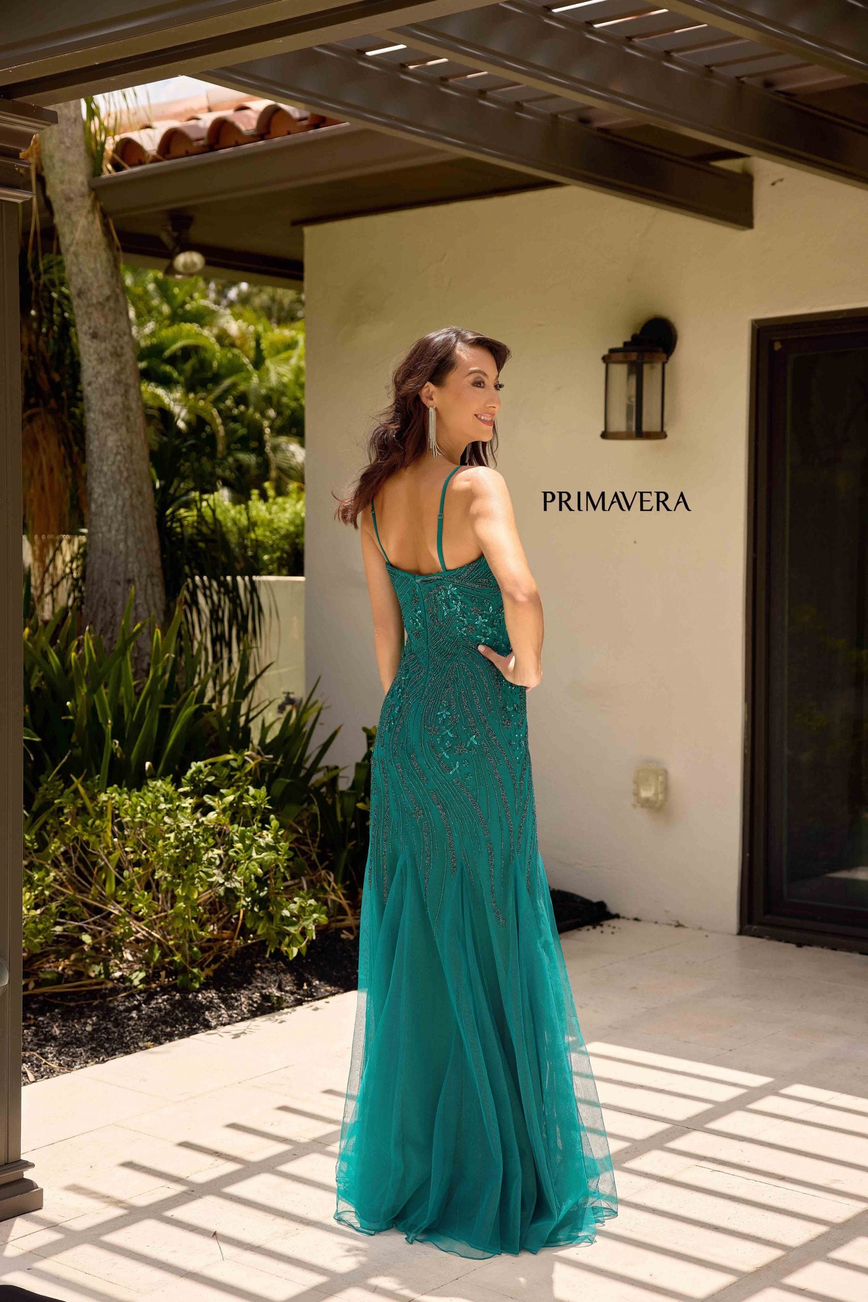 Teal Illusion Bateau Floor-Length Mesh Formal Cape Sleeve Gown Primavera Couture 13145
