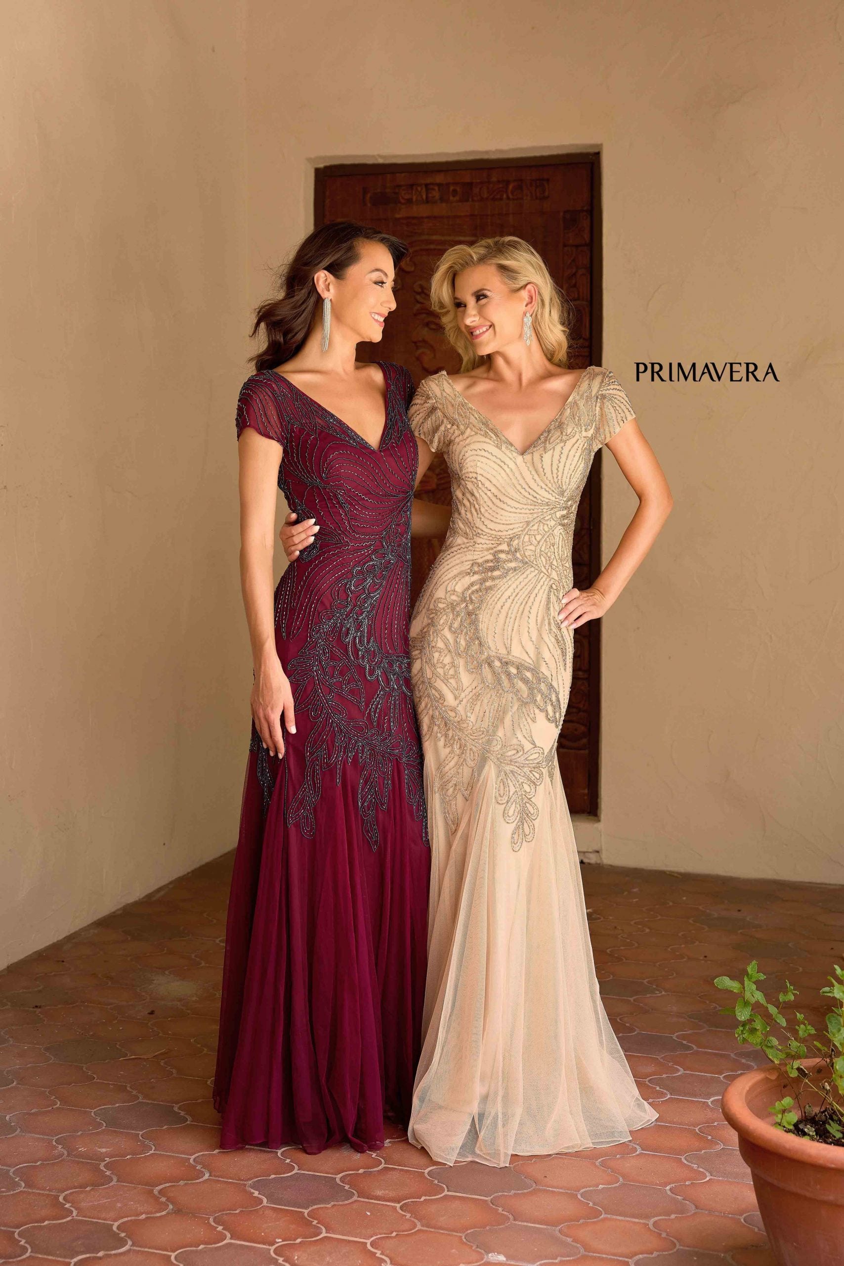 Caramel V-Neck Floor-Length Sequin Mesh Formal Gown with Flutter Sleeves Primavera Couture 13148