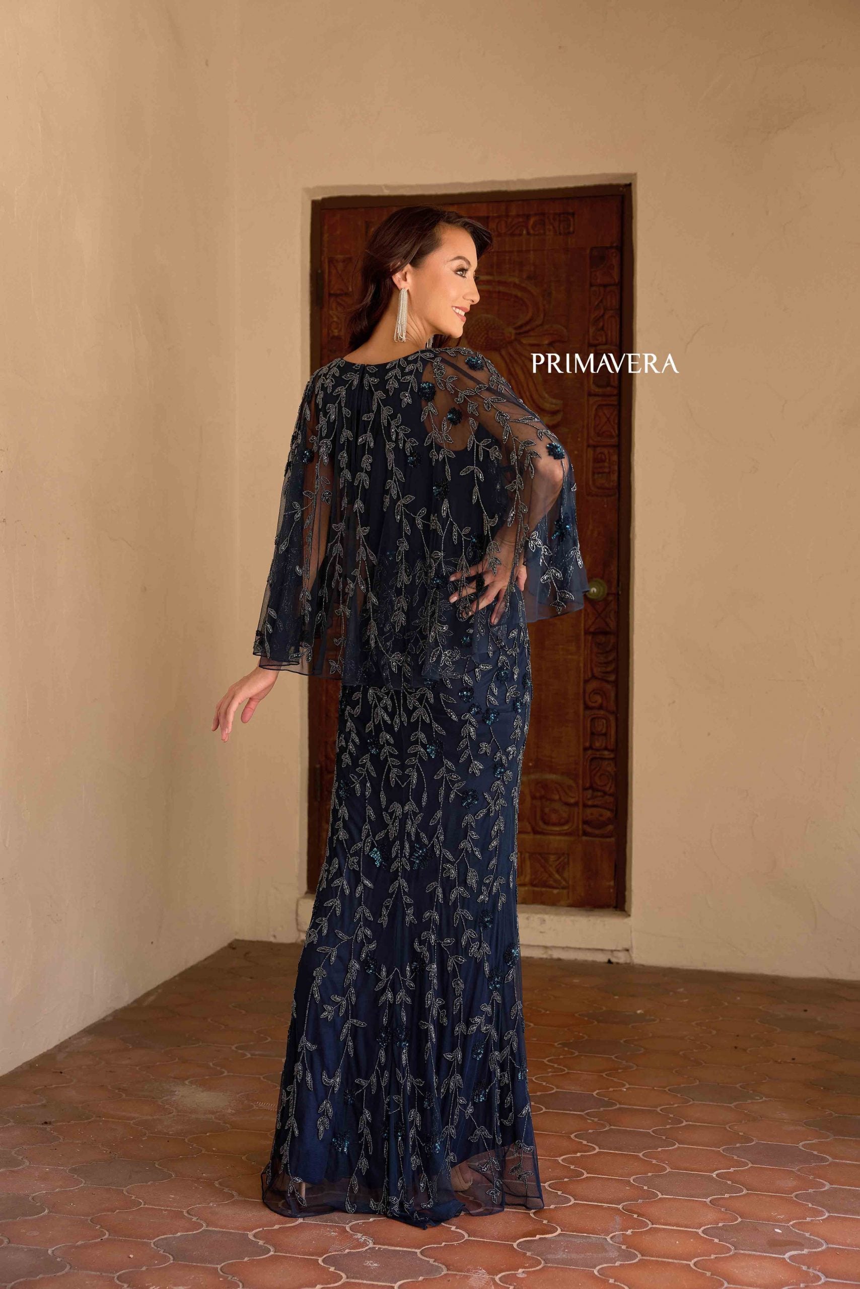 Midnight V-Neck Floor-Length Sequin Mesh Formal Gown Flutter Sleeves Primavera Couture 13149
