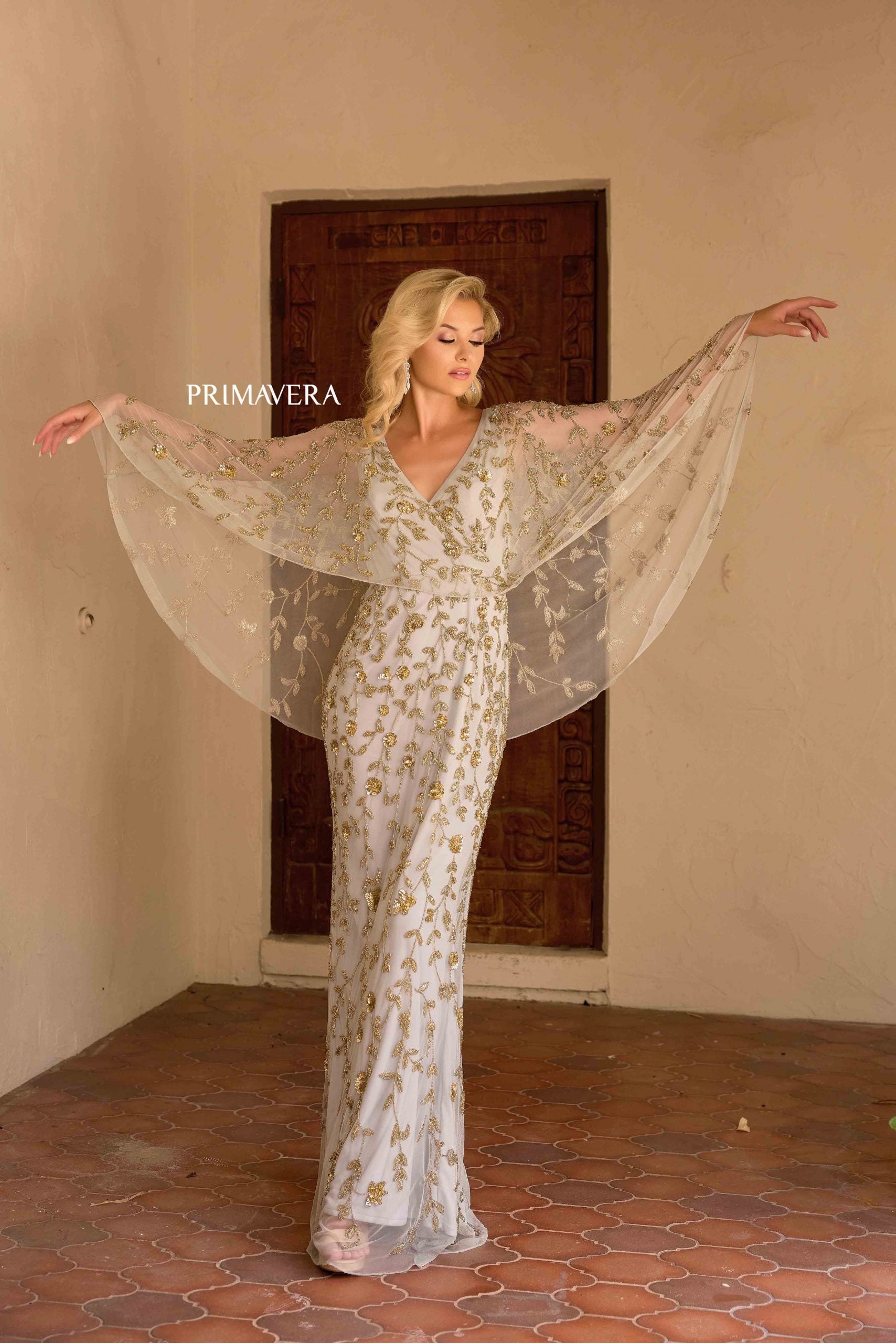 Platinum V-Neck Floor-Length Sequin Mesh Formal Gown Flutter Sleeves Primavera Couture 13149