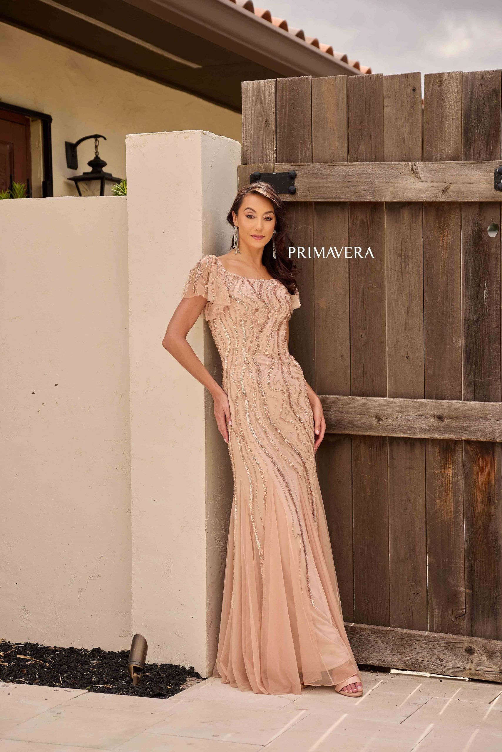 Blush Square Neck Floor-Length Sequin Mesh Formal Gown Flutter Sleeves Primavera Couture 13155