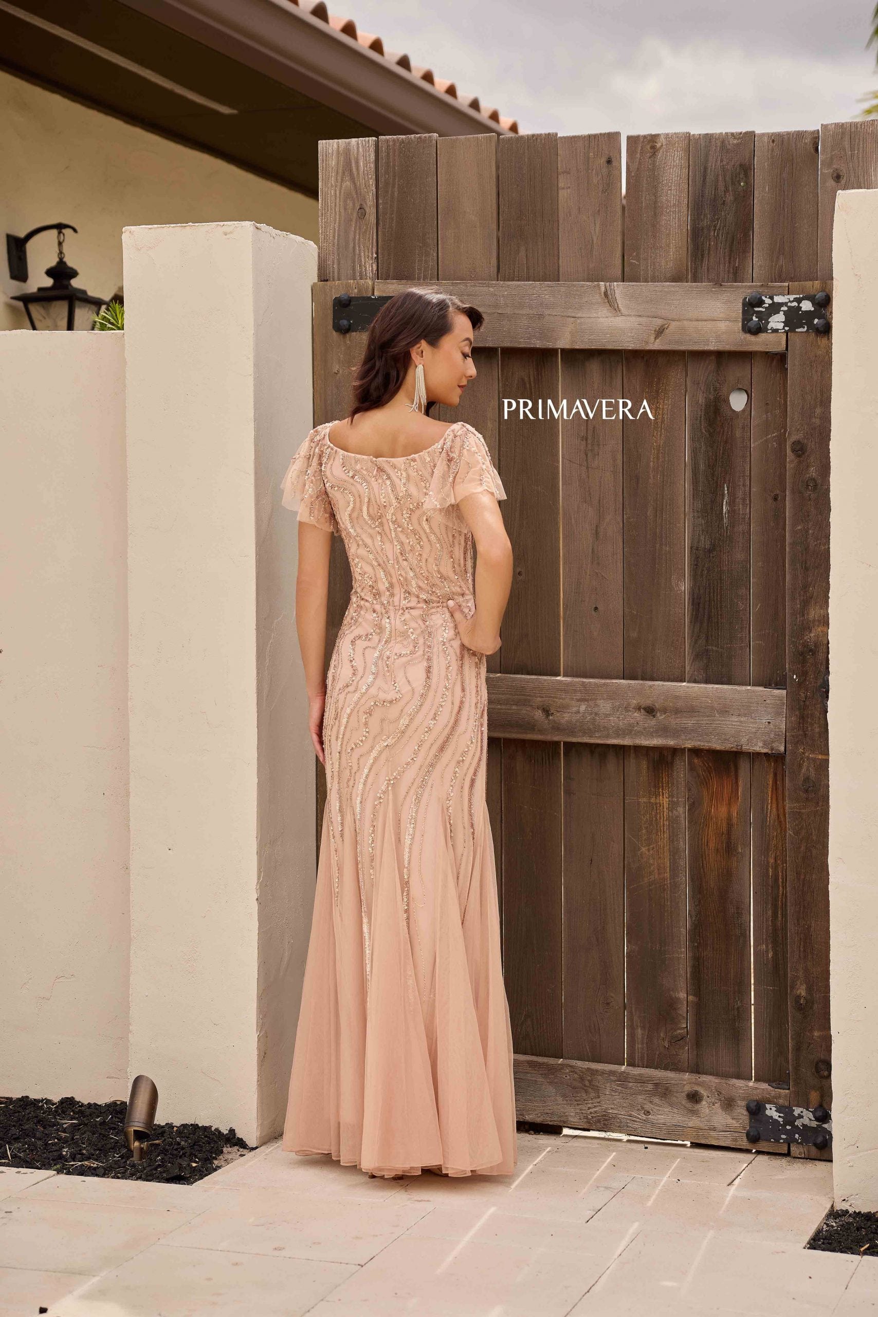 Blush Square Neck Floor-Length Sequin Mesh Formal Gown Flutter Sleeves Primavera Couture 13155