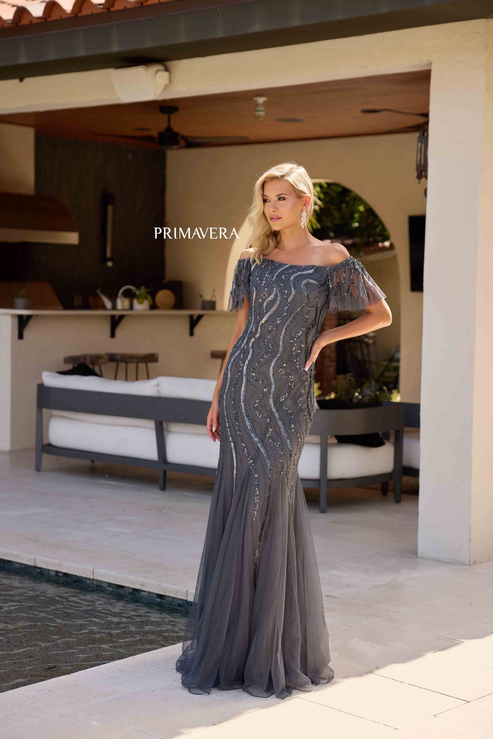 Charcoal Square Neck Floor-Length Sequin Mesh Formal Gown Flutter Sleeves Primavera Couture 13155