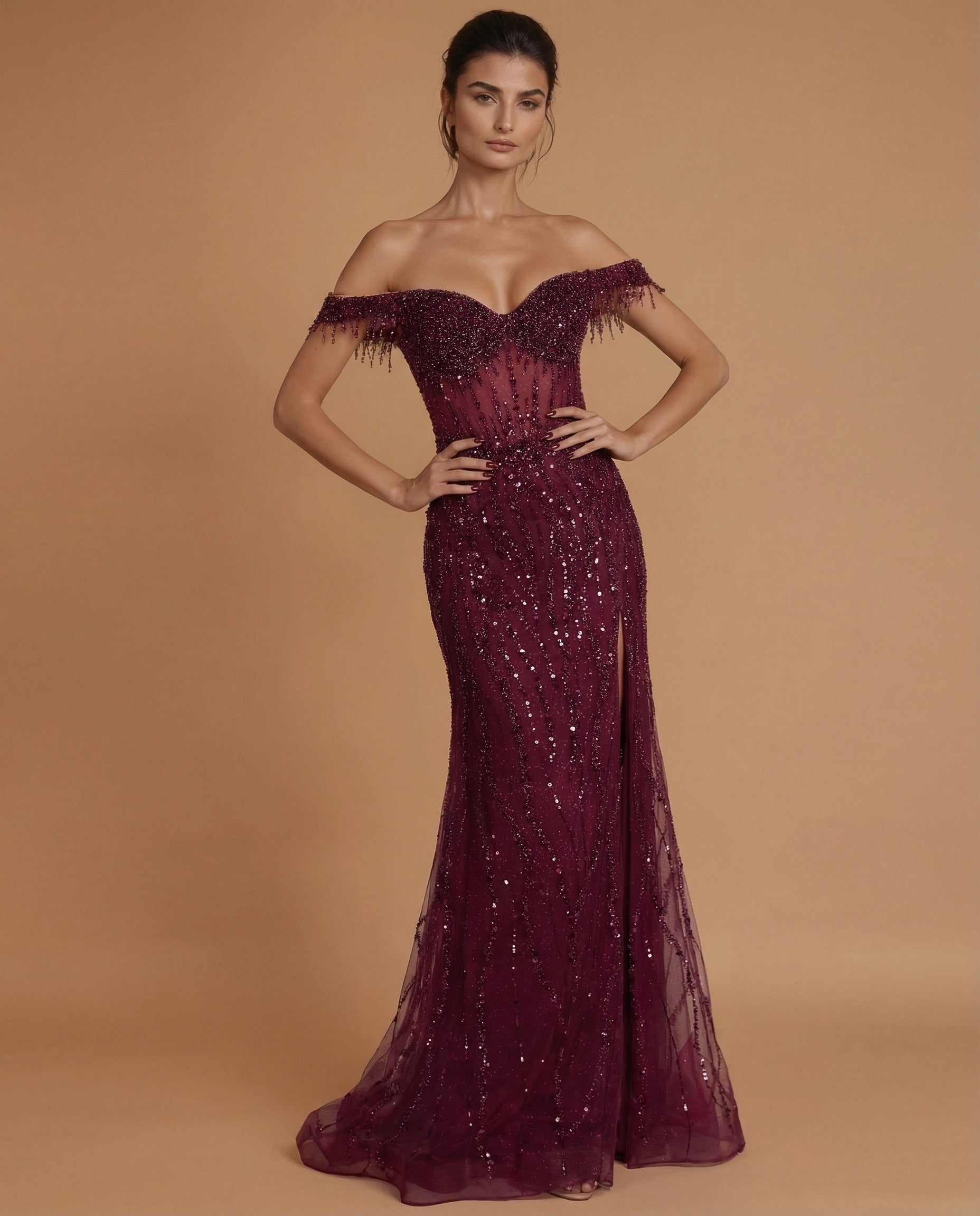 Fitted Off Shoulder Sequin Prom Formal Dress