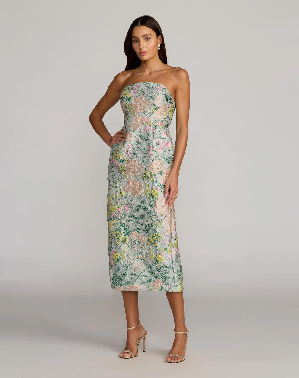 Strapless Midi Floral Cocktail Dress by Mac Duggal 13223 in Pastel Multi