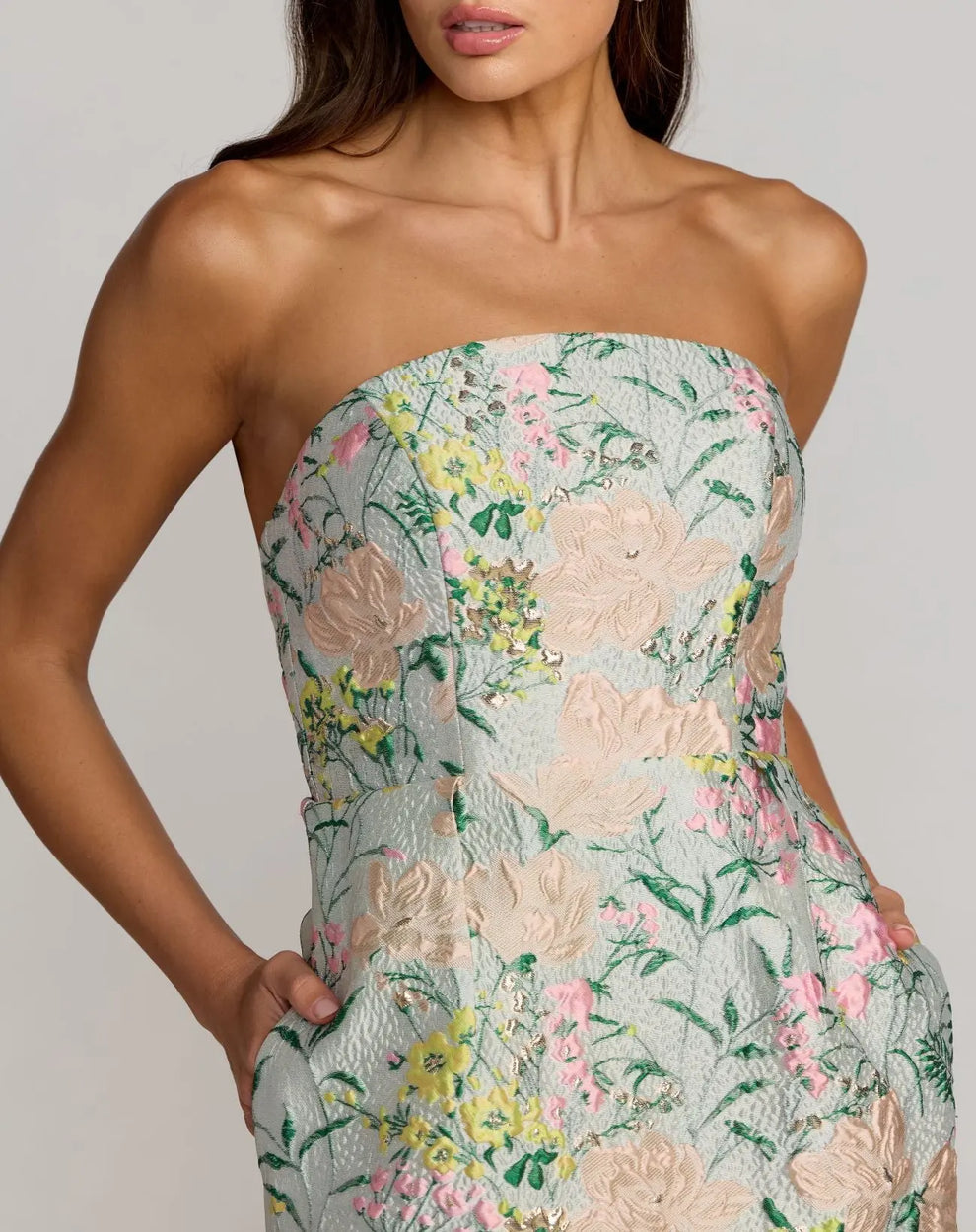 Strapless Midi Floral Cocktail Dress by Mac Duggal 13223 in Pastel Multi