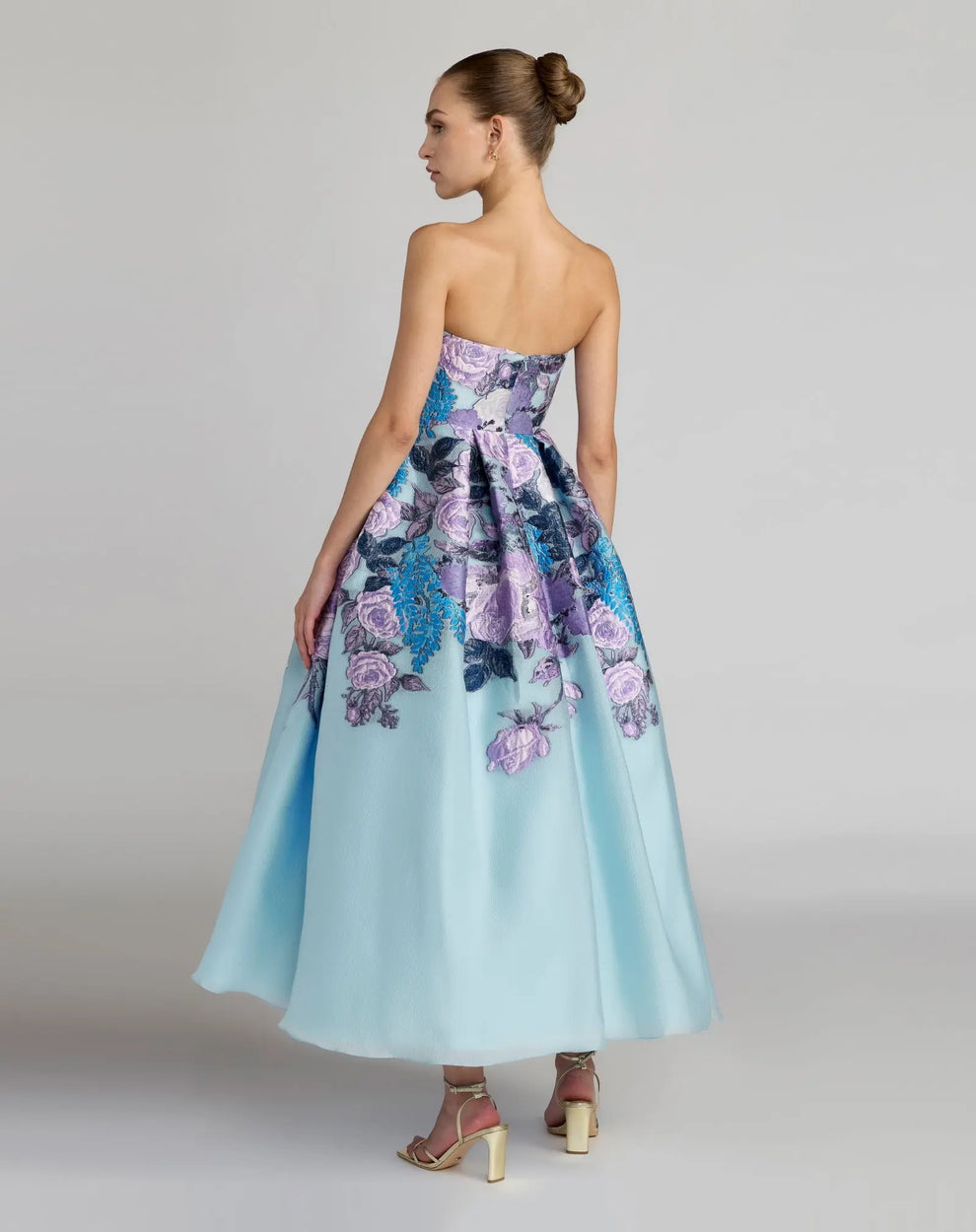 Strapless Tea Length Floral Cocktail Dress by Mac Duggal 13277 in Blue Multi