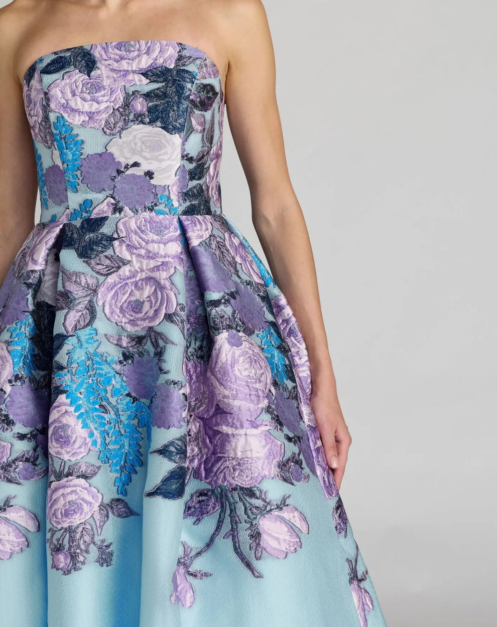Strapless Tea Length Floral Cocktail Dress by Mac Duggal 13277 in Blue Multi