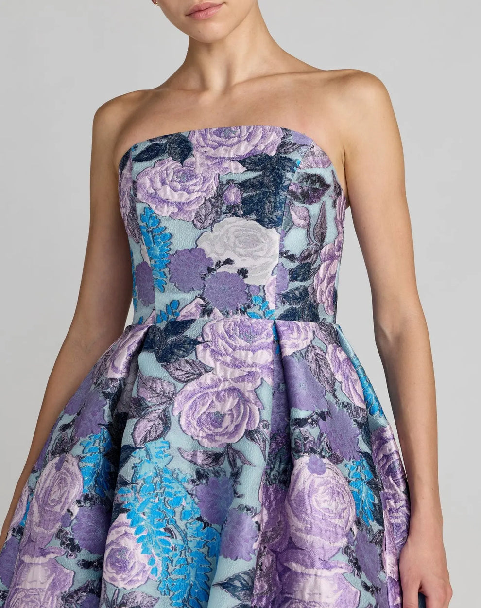 Strapless Tea Length Floral Cocktail Dress by Mac Duggal 13277 in Blue Multi