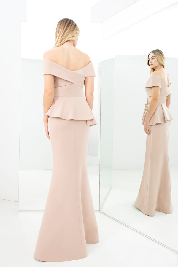 Formal Dresse Long Formal Beaded Applique Peplum Evening Dress Suntan