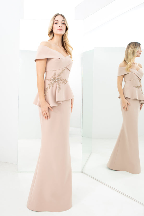 Formal Dresse Long Formal Beaded Applique Peplum Evening Dress Suntan