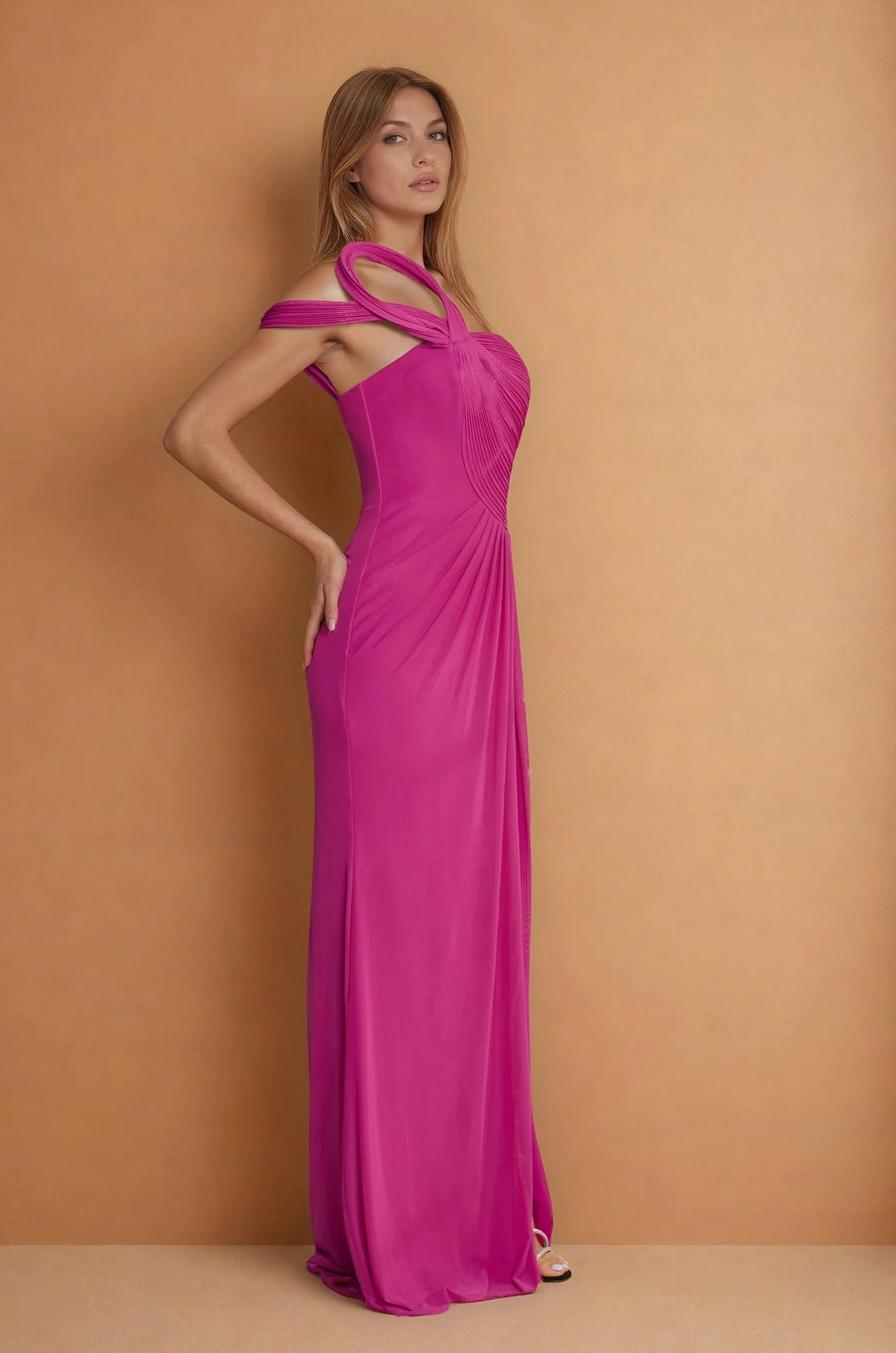 Sculpted Shoulder Formal Evening Dress