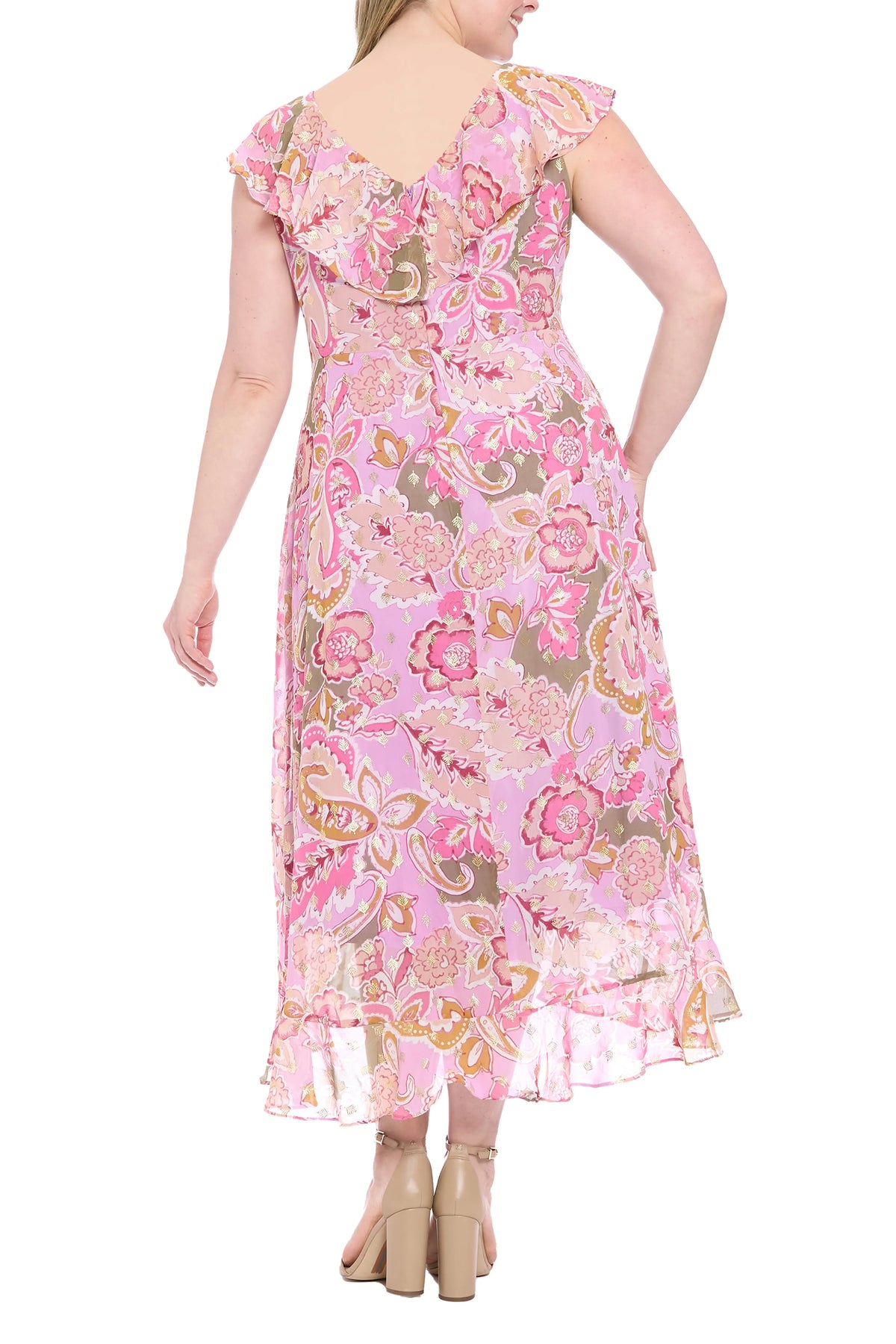 Metallic Flower Print Hi Lo Maxi Dress London Times T7922M