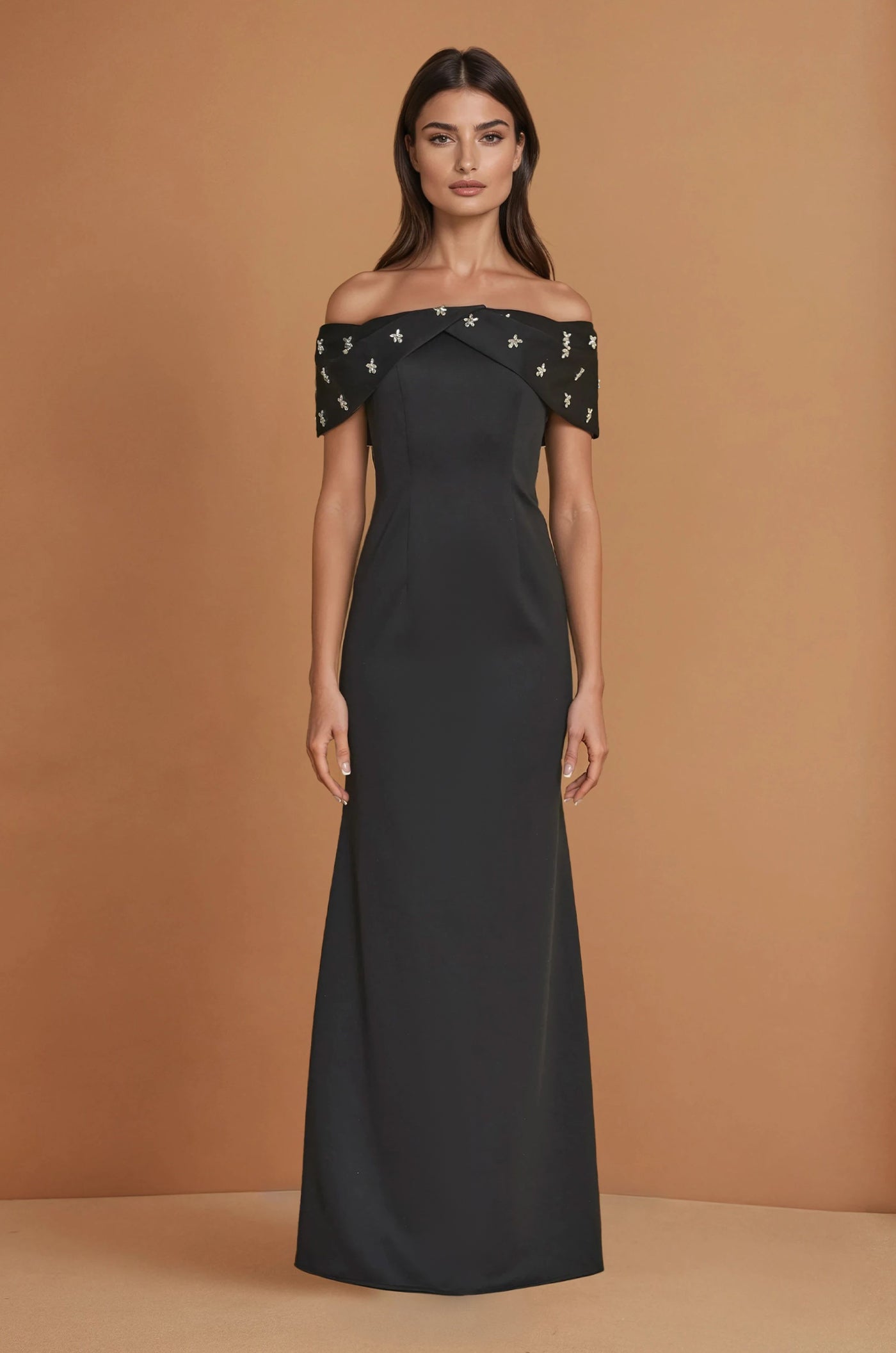 Formal Dresses Long Crepe Off Shoulder Jewel Trim Formal Column Gown Black