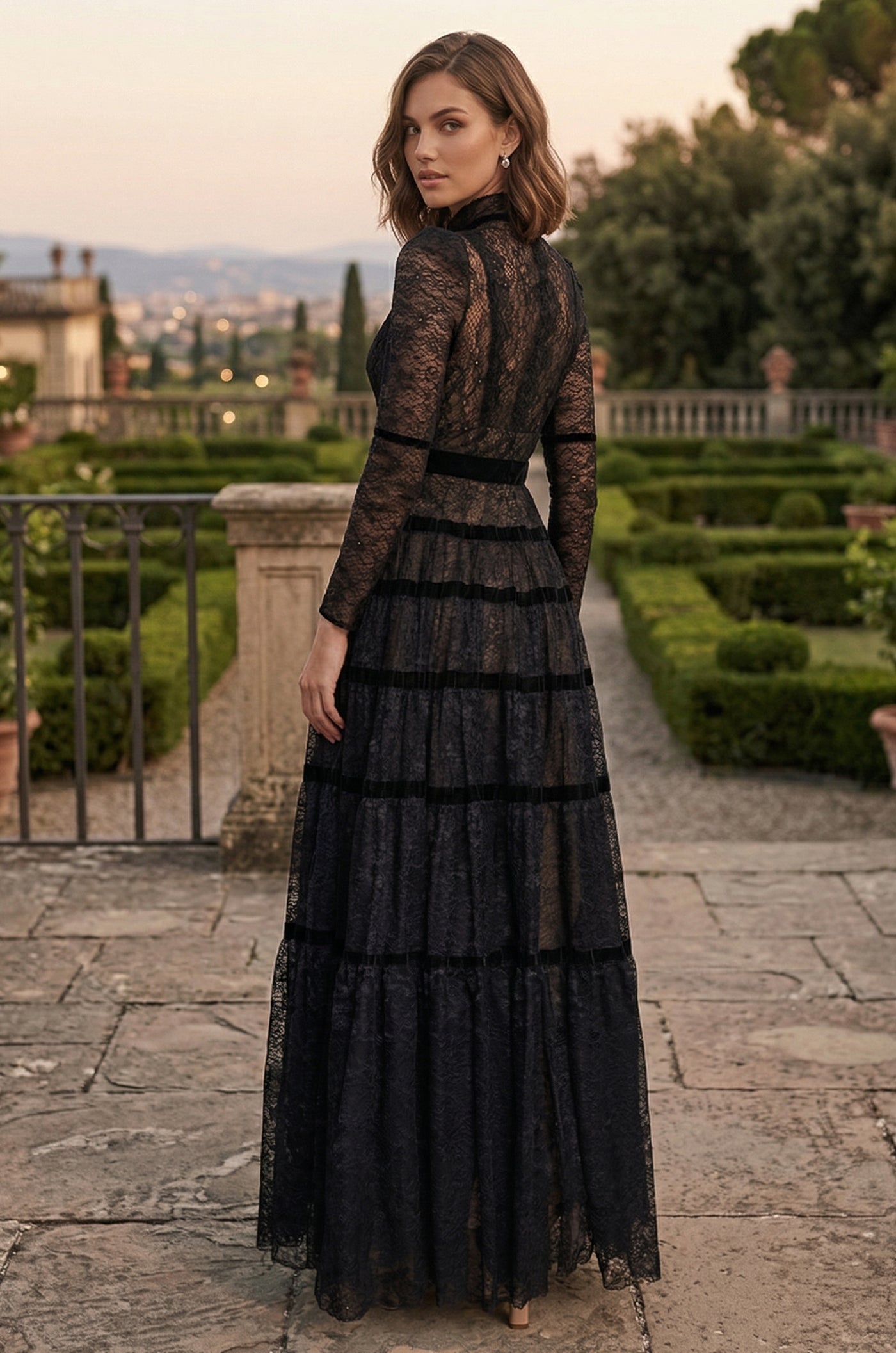 Formal Dresses Long Sleeve Formal Tiered A Line Lace Evening Dress Black/Nude