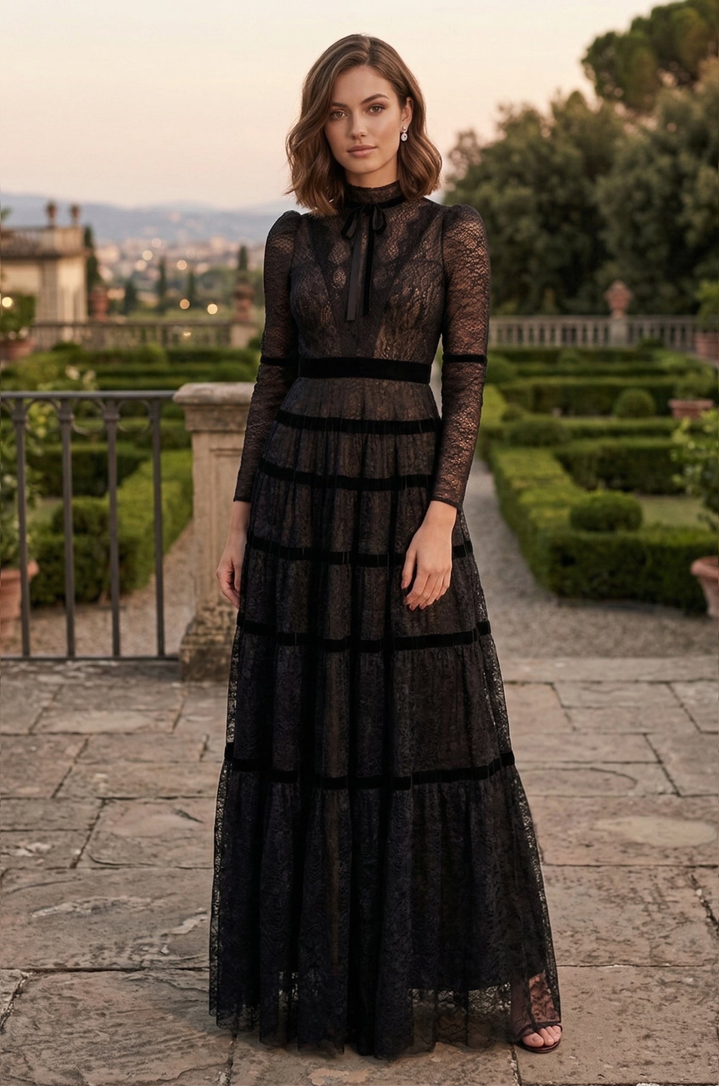 Formal Dresses Long Sleeve Formal Tiered A Line Lace Evening Dress Black/Nude