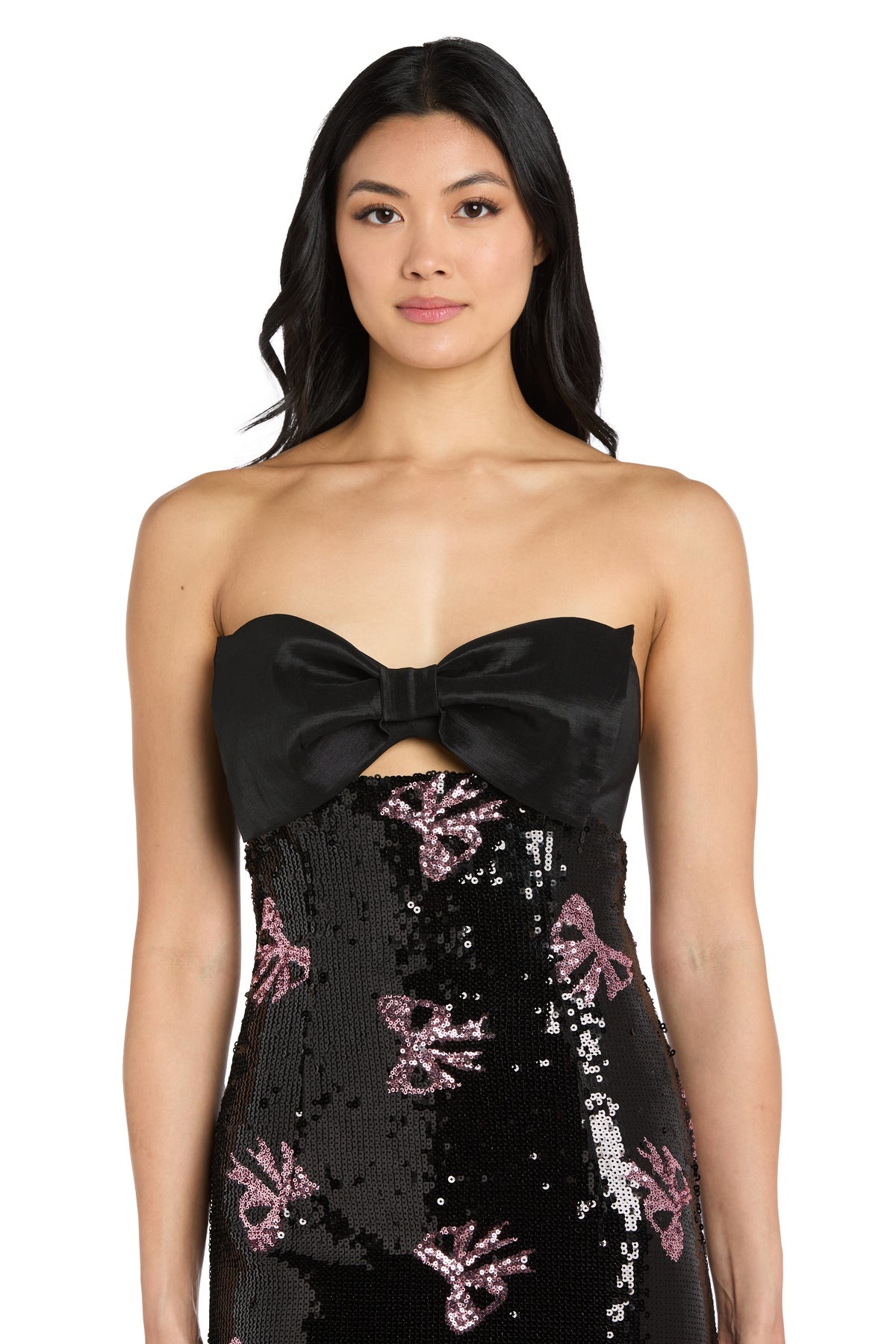Strapless Short Sequin Cocktail Dress by Morgan & Co 14007 in Black/Pink