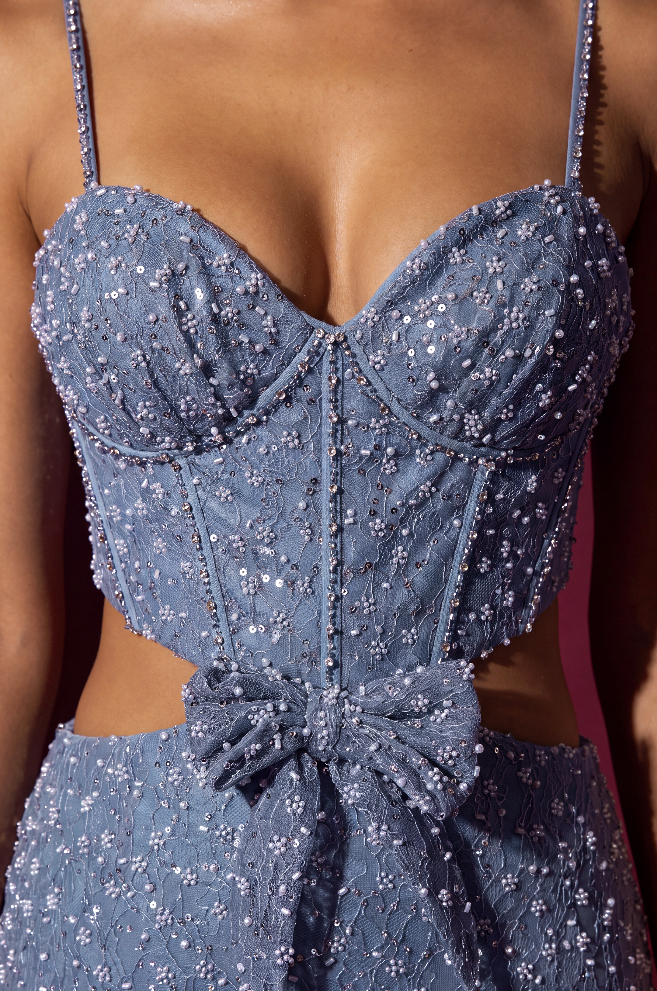 Long Beaded Side Cut Out with Bow Prom Dress