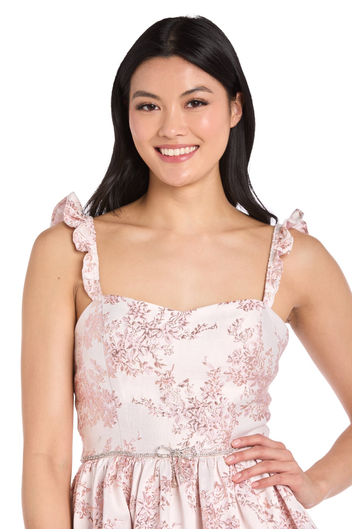 Square Neck Short Eyelet Cocktail Dress by Morgan & Co 14040 in Pink