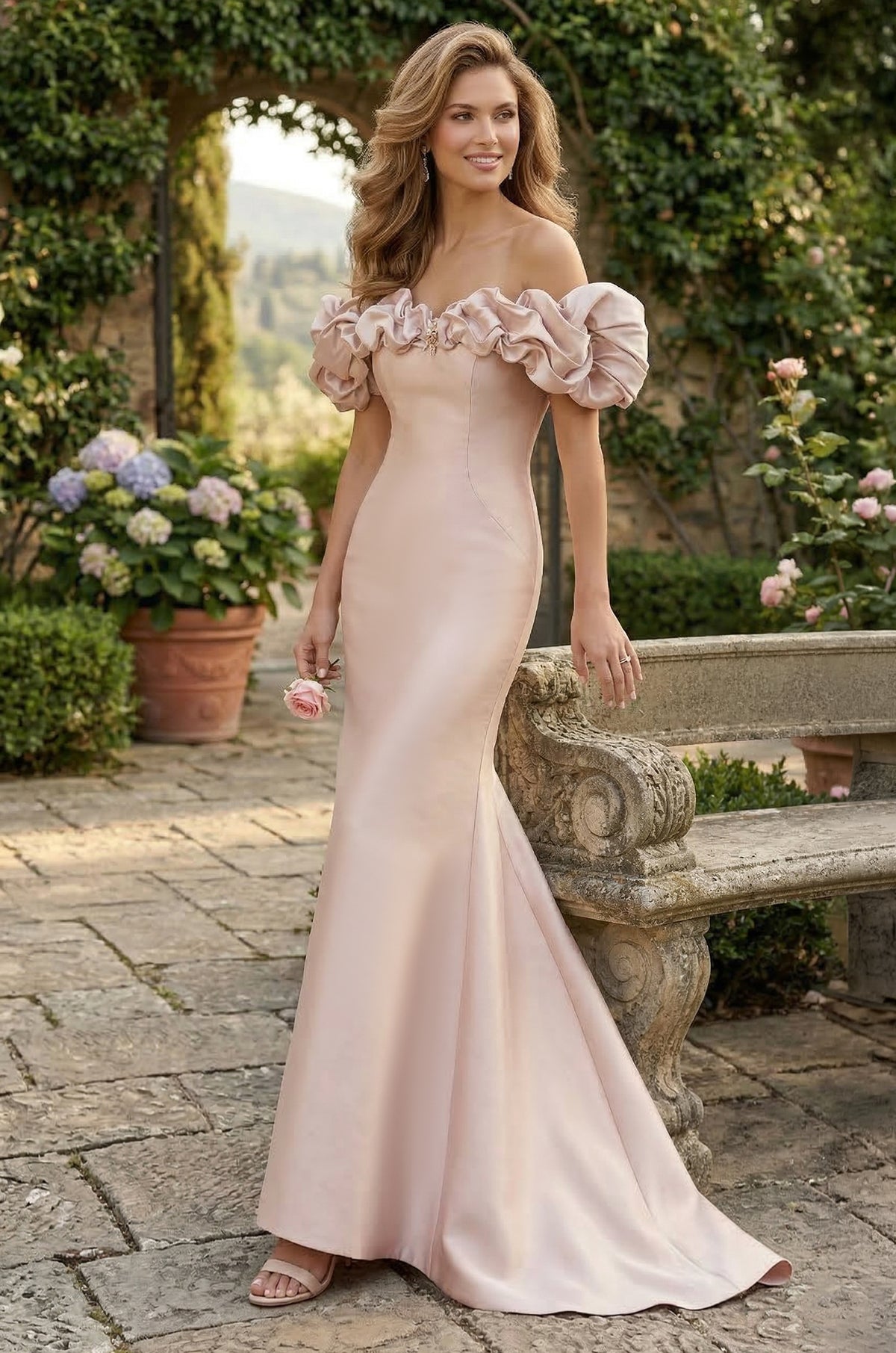 Long Formal Evening Gown with Ruffled Sleeves