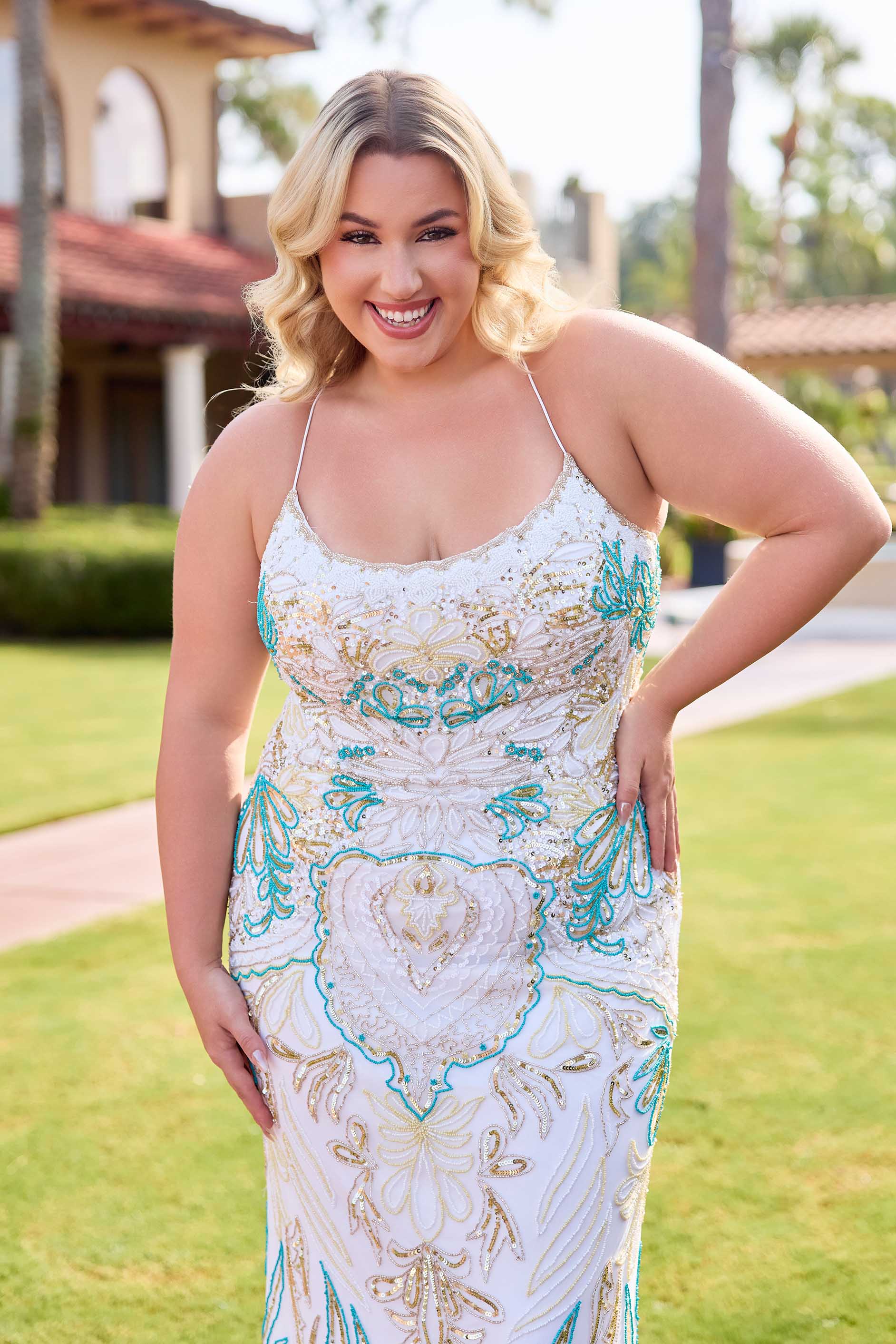 Plus Size Dresses Long Prom Formal Beaded Plus Size Dress Primavera Couture 14074 Ivory Teal