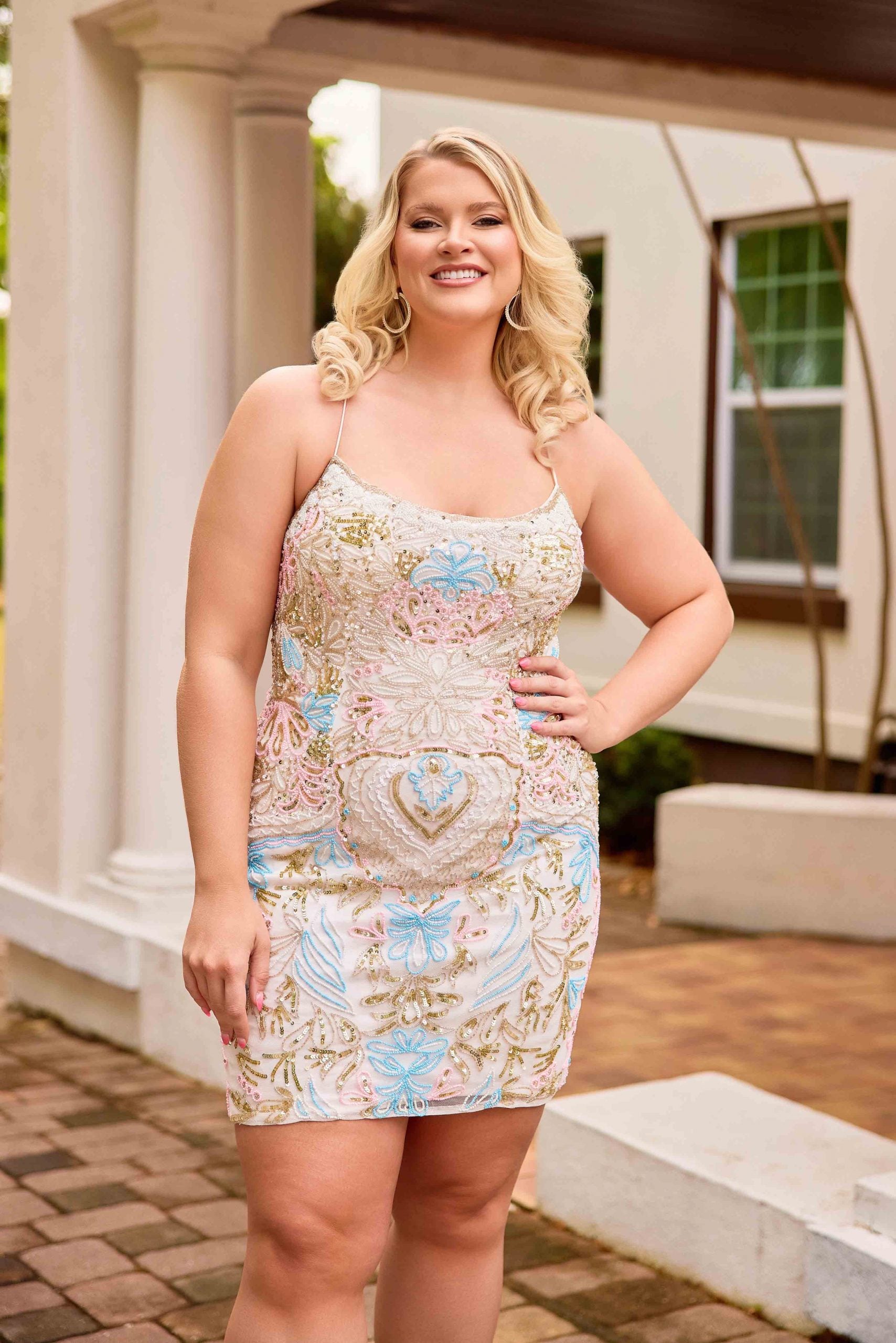 Plus Size Dresses Short Mini Beaded Fitted Cocktail Dress Primavera Couture 14090 Ivory