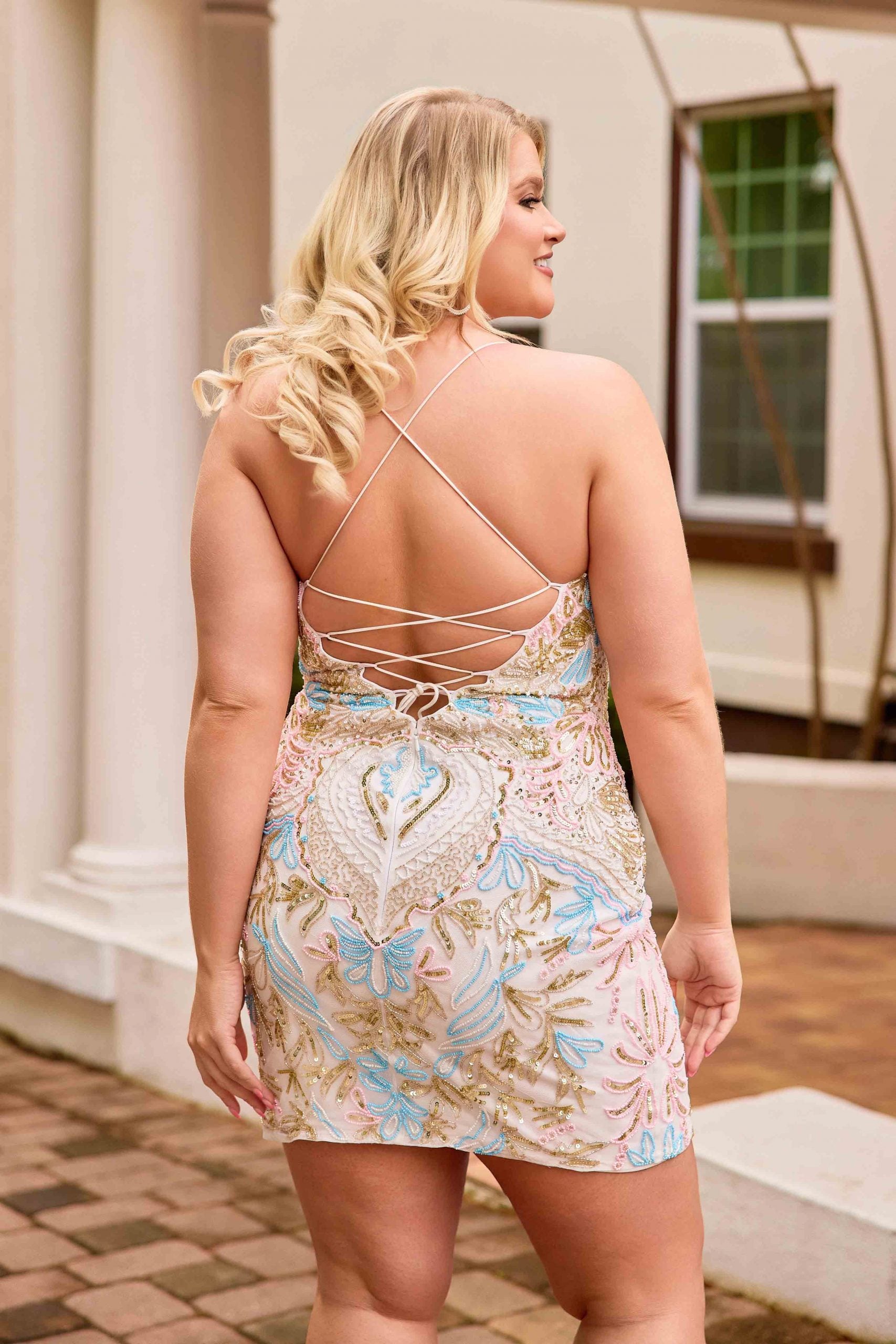 Plus Size Dresses Short Mini Beaded Fitted Cocktail Dress Primavera Couture 14090 Ivory