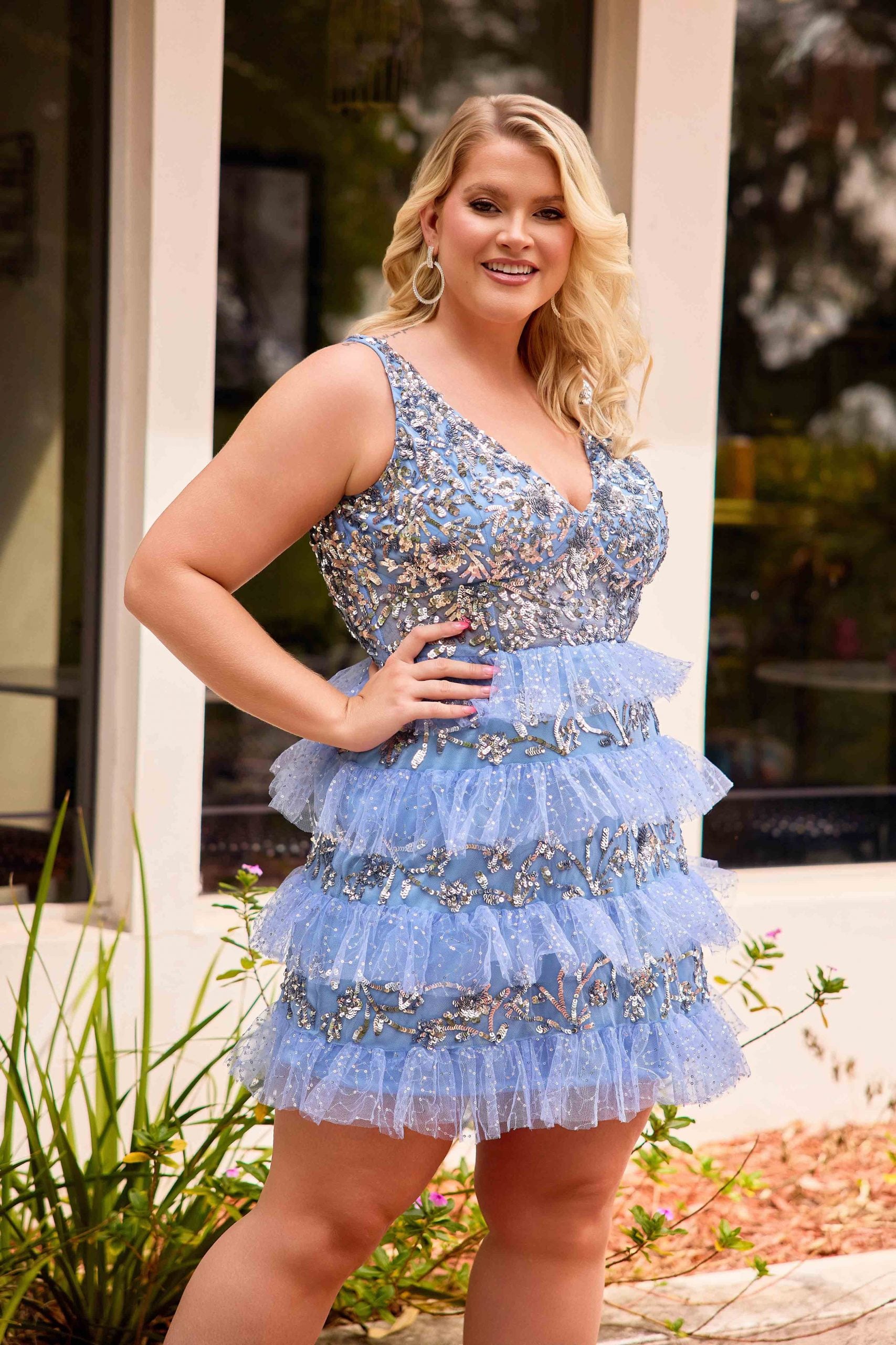 Plus Size Dresses Beaded Fitted Ruffle Mini Cocktail Plus Size Dress Primavera Couture 14092 Slate Blue
