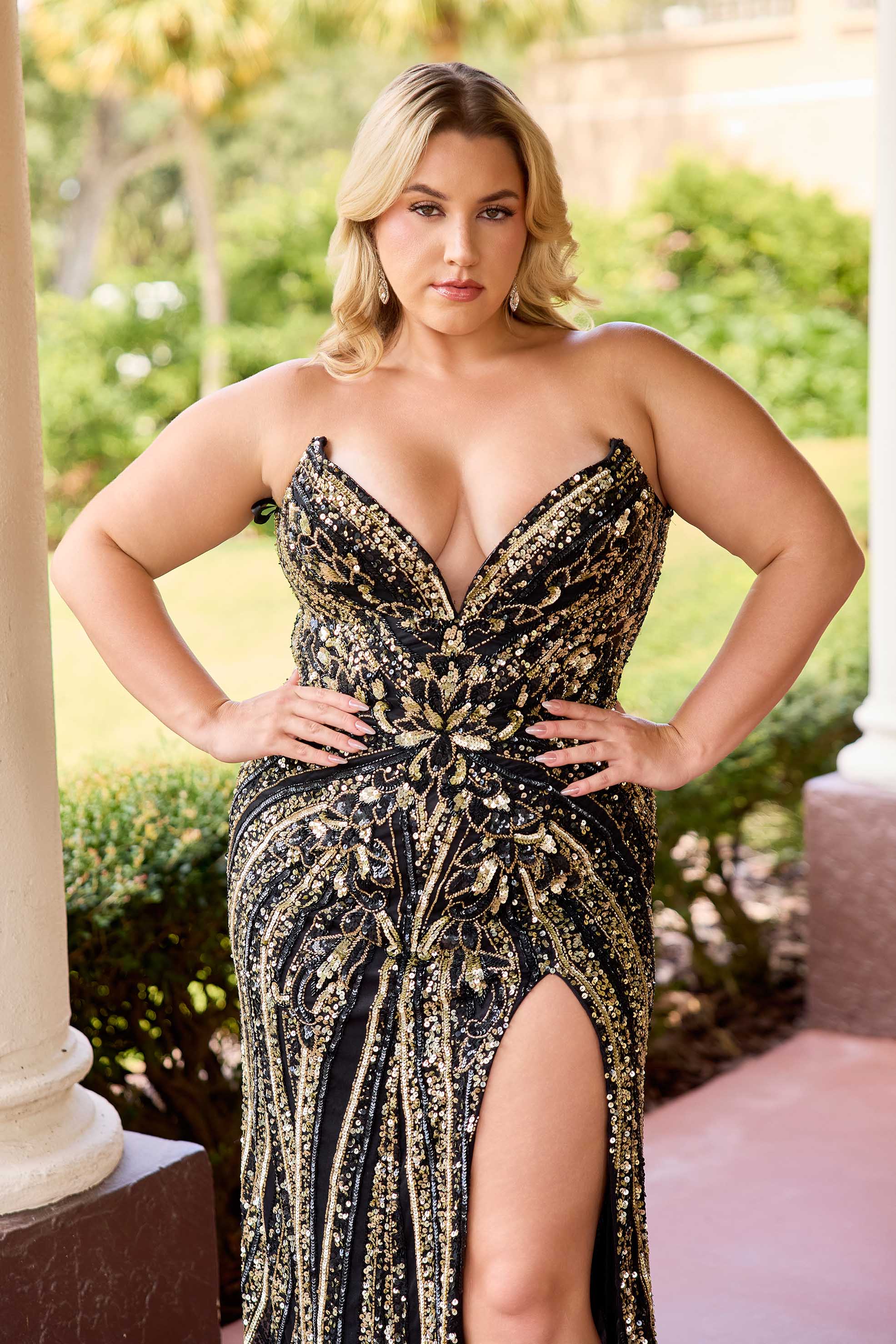 Plus Size Dresses Long Prom Formal Fitted Slit Plus Size Dress Primavera Couture 14103 Black Gold