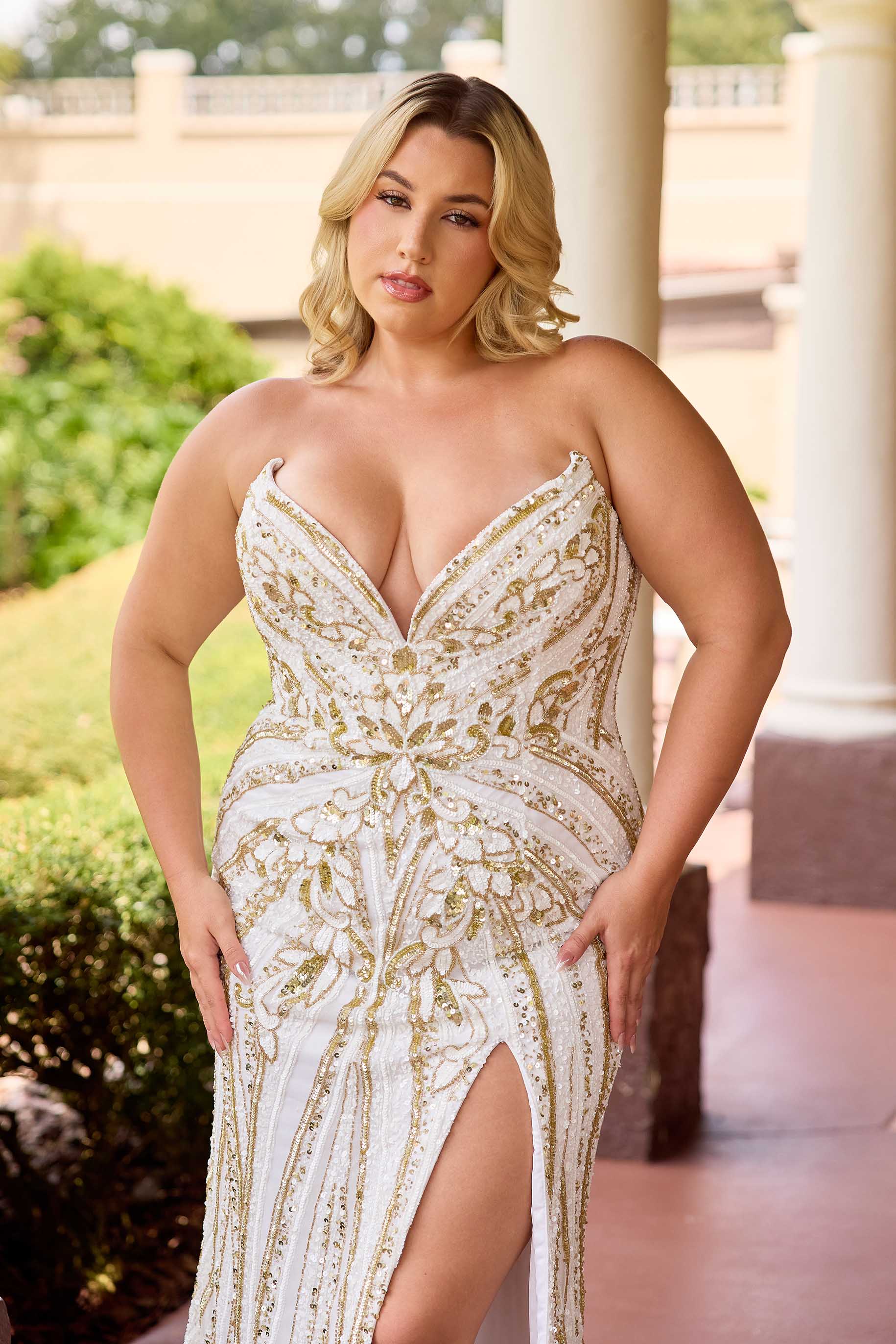 Plus Size Dresses Long Prom Formal Fitted Slit Plus Size Dress Primavera Couture 14103 Ivory Gold