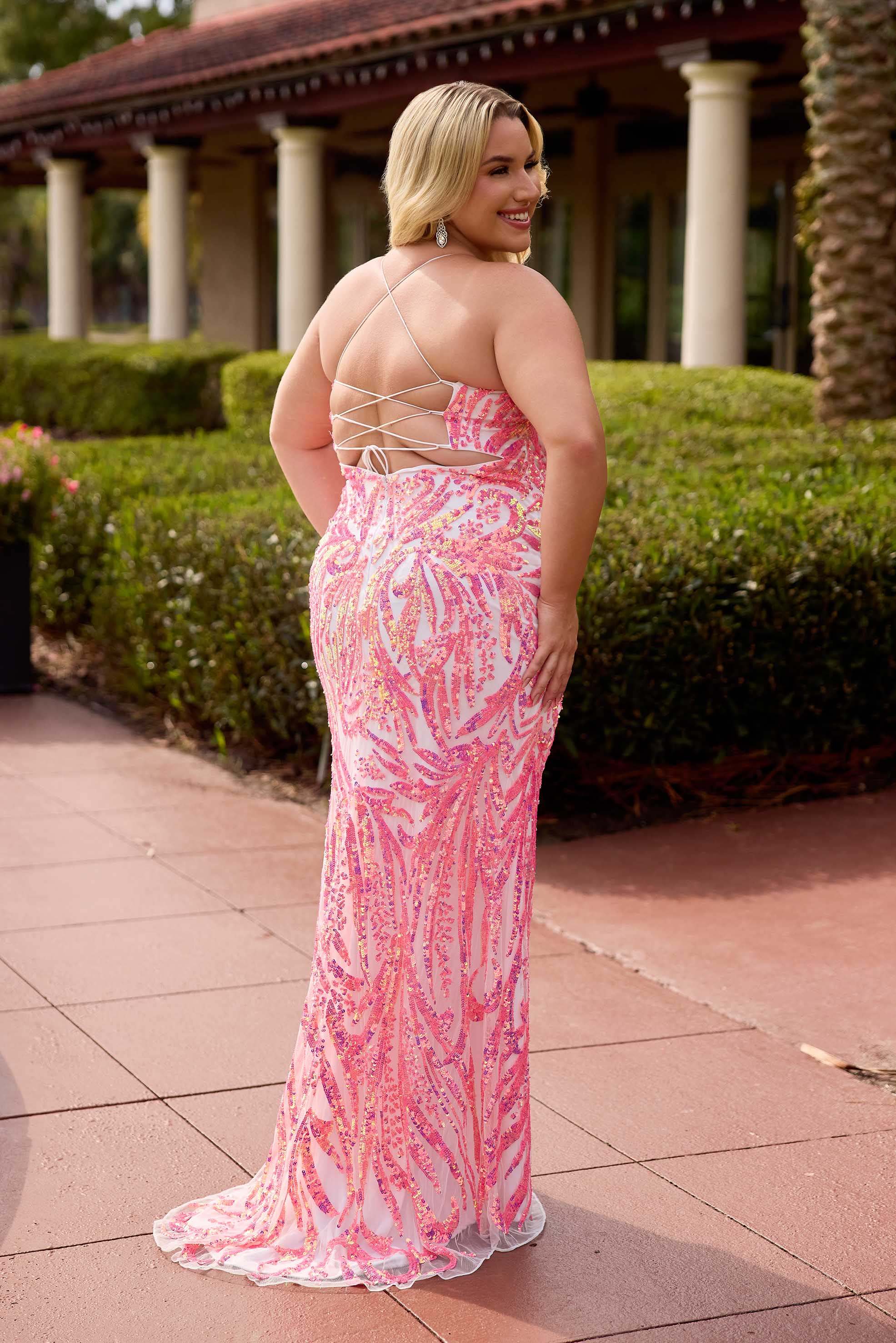 Plus Size Dresses Long Prom Formal Fitted Plus Size Dress Primavera Couture 14108 Ivory/Neon Pink