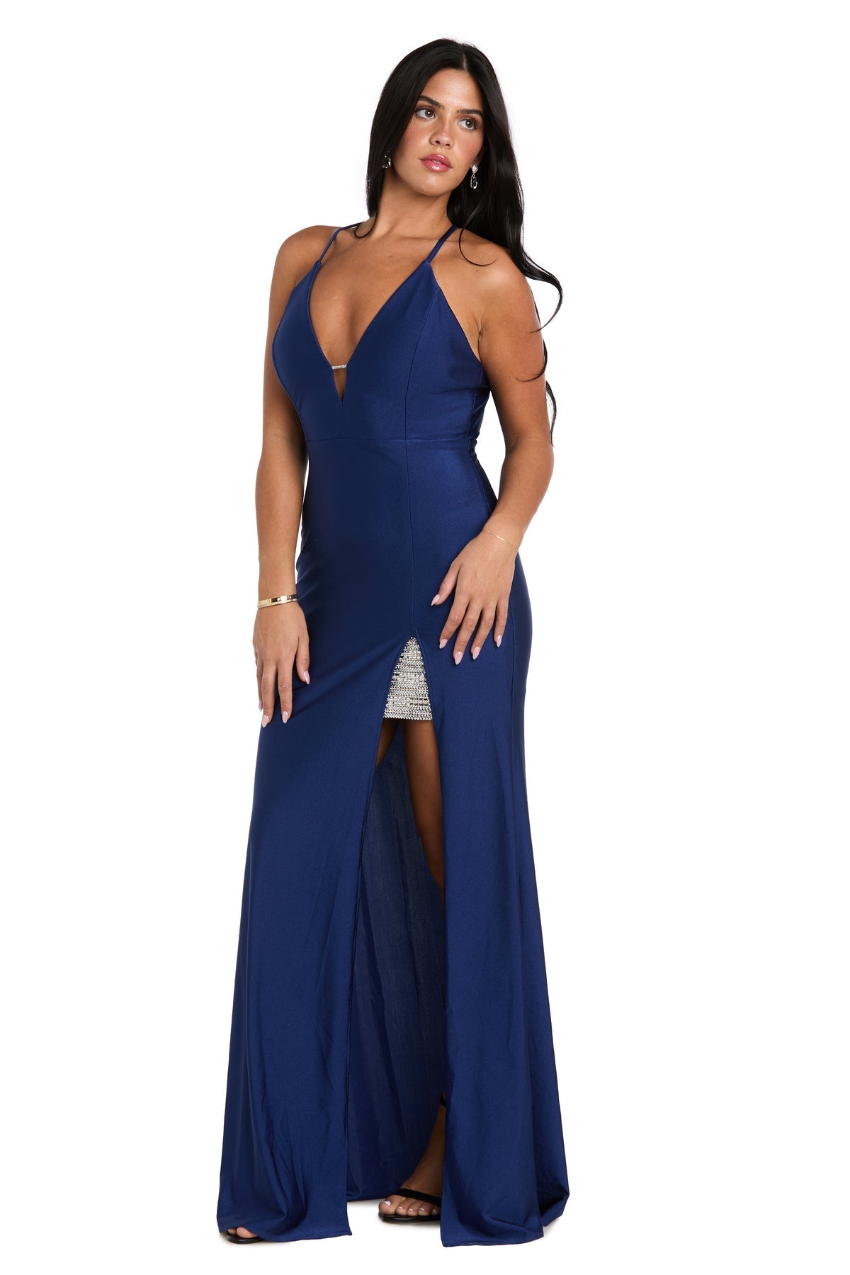 Plunging V-Neck Long Velvet Prom Dress by Morgan & Co 14108 in Navy