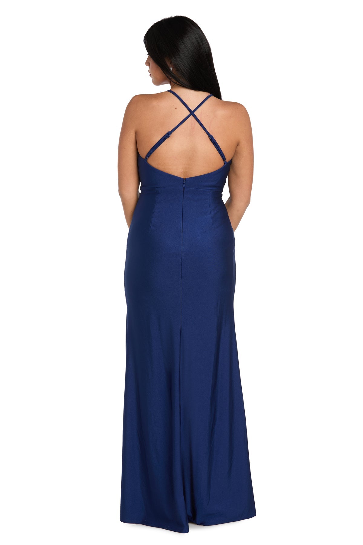 Plunging V-Neck Long Velvet Prom Dress by Morgan & Co 14108 in Navy